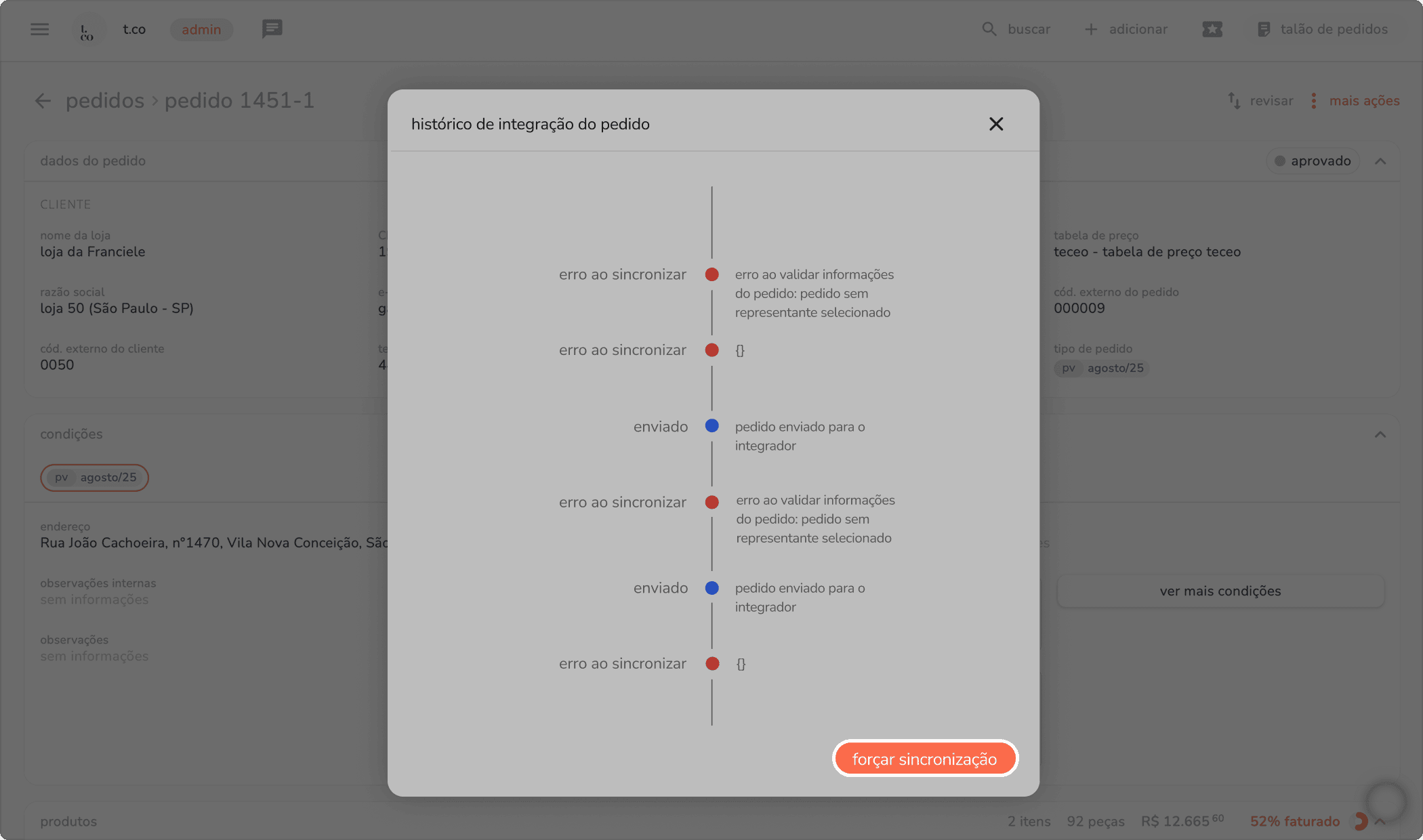 modal histórico de integração do pedido com o registro de tentativas de sincronização e o botão forçar sincronização em destaque
