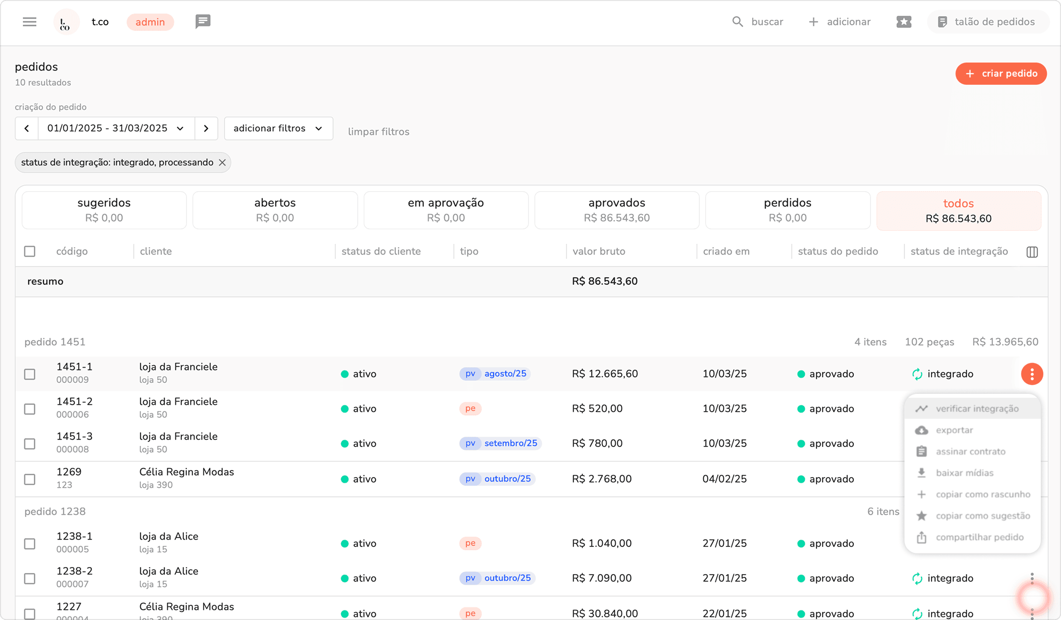 menu de opções do pedido aberto com a opção verificar integração destacada