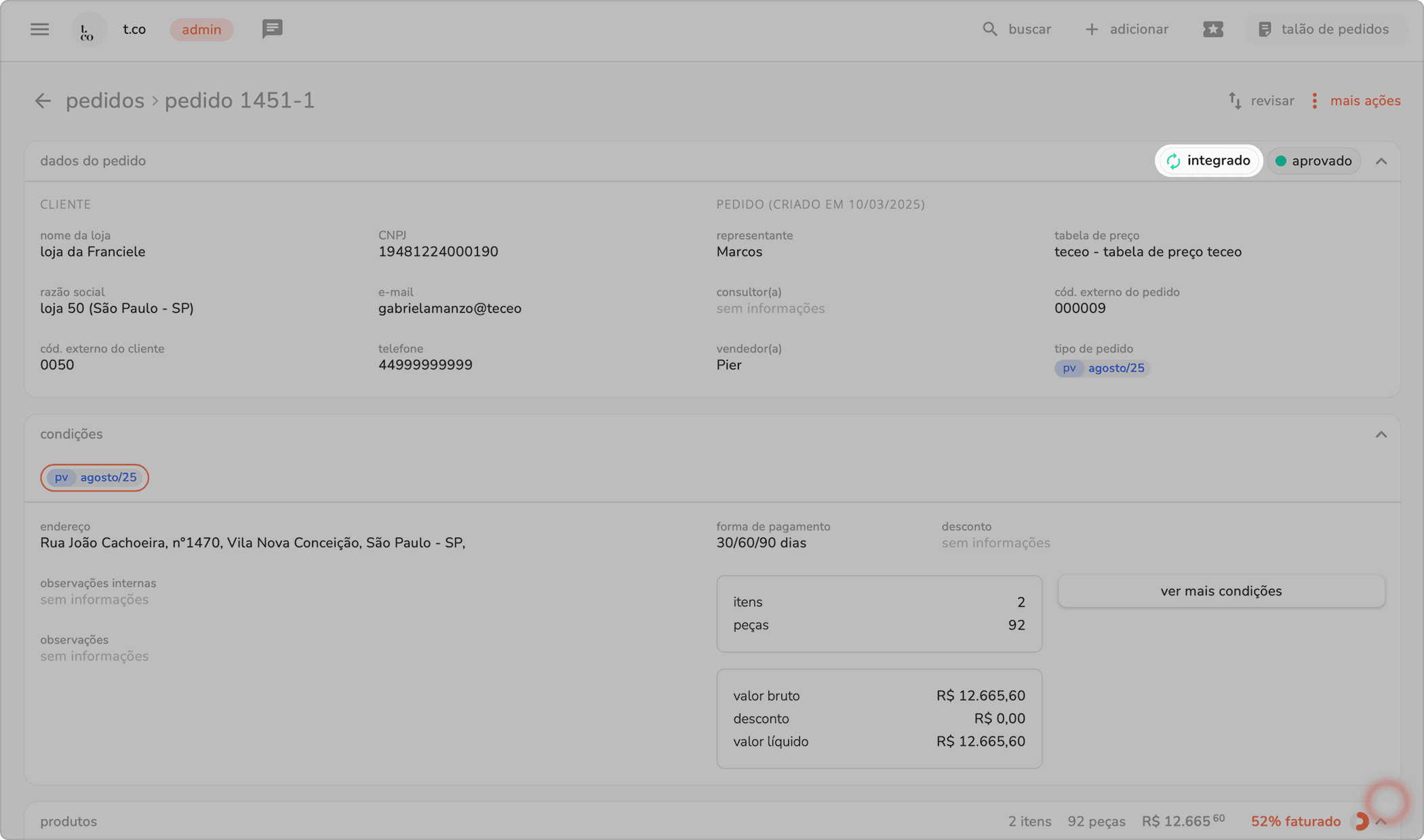 cadastro do pedido com o status integrado destacado no topo