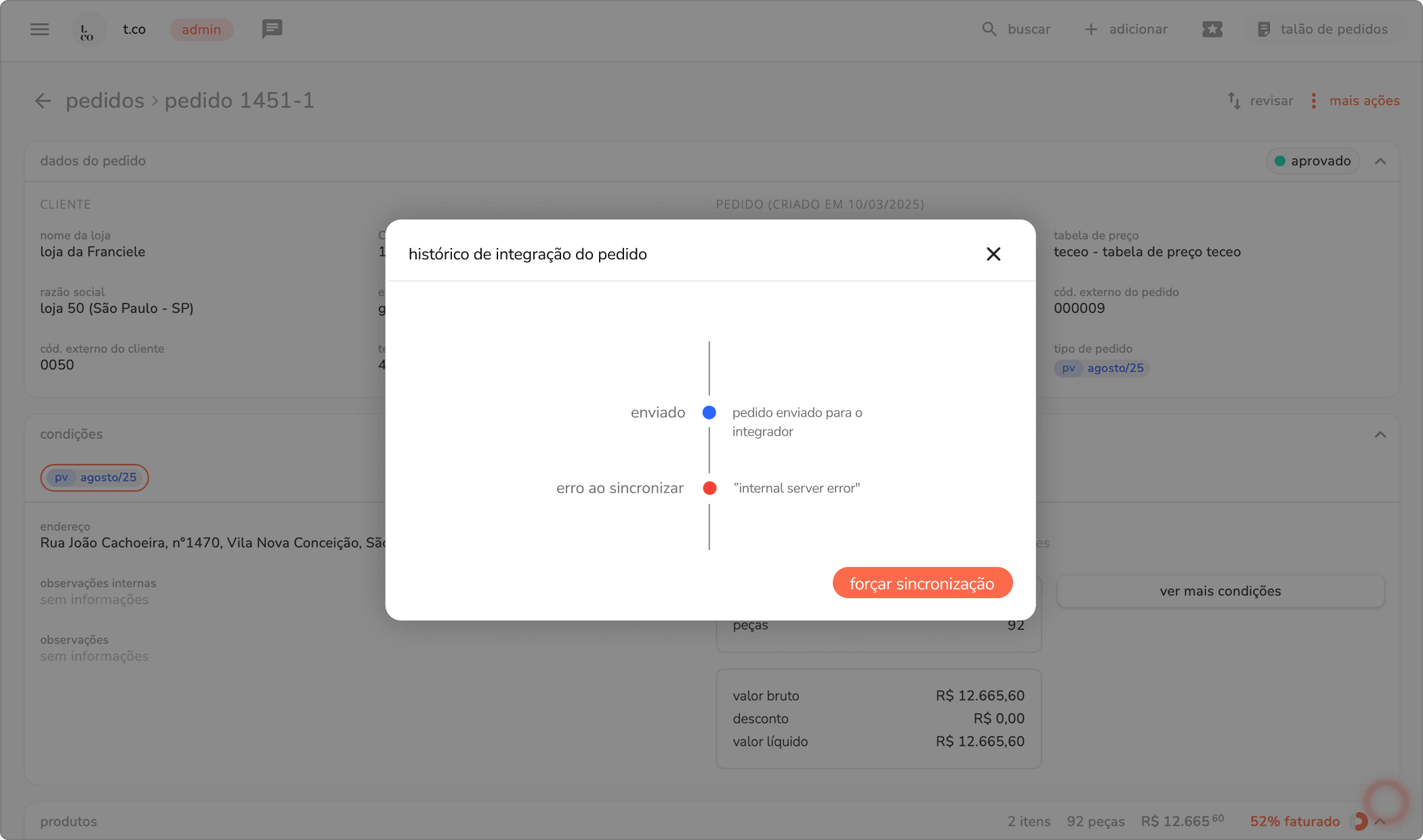 modal histórico de integração do pedido com uma tentativa de sincronização em erro, destacando a mensagem internal server error