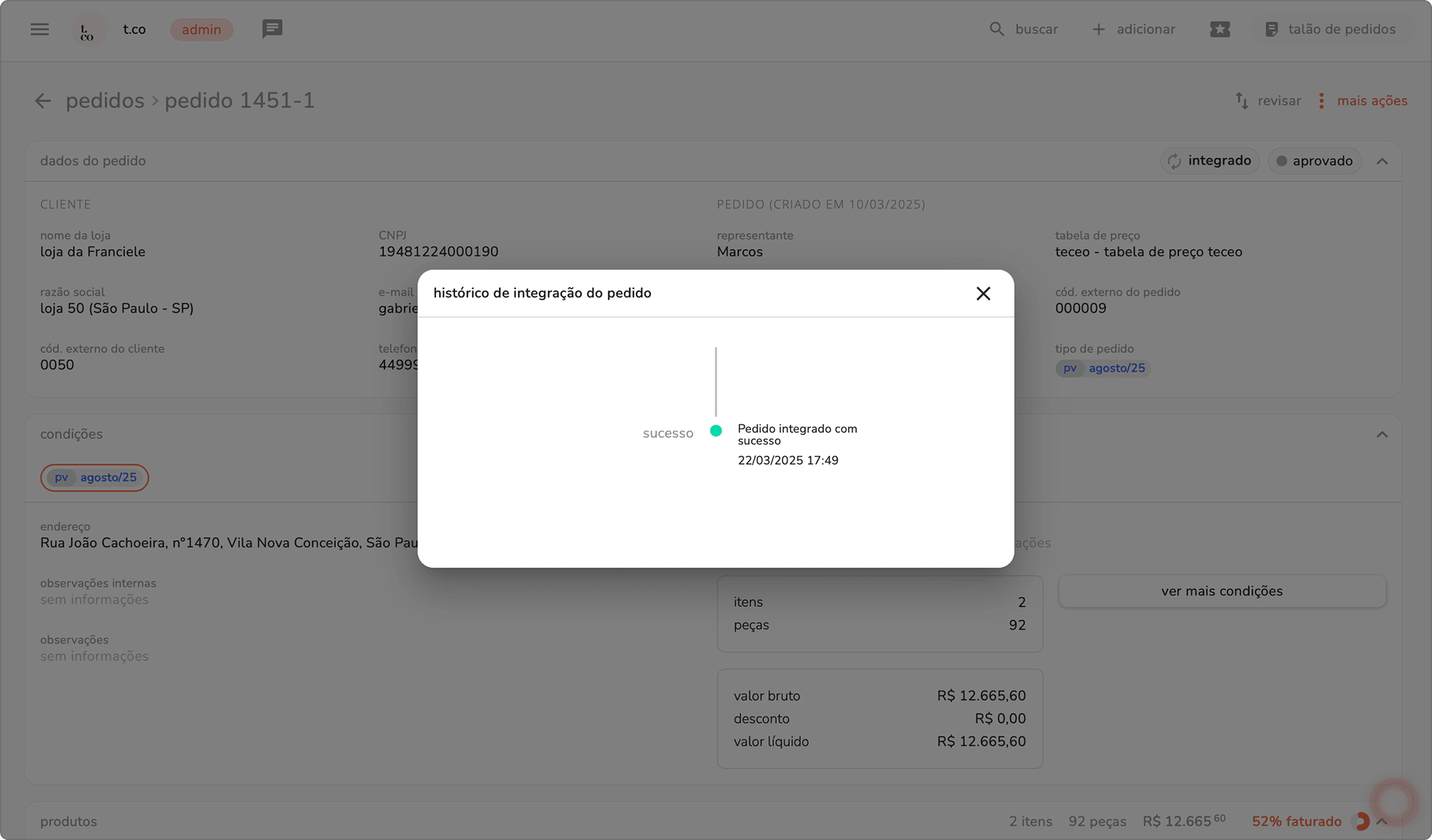 modal histórico de integração do pedido com o status sucesso em verde indicando pedido integrado