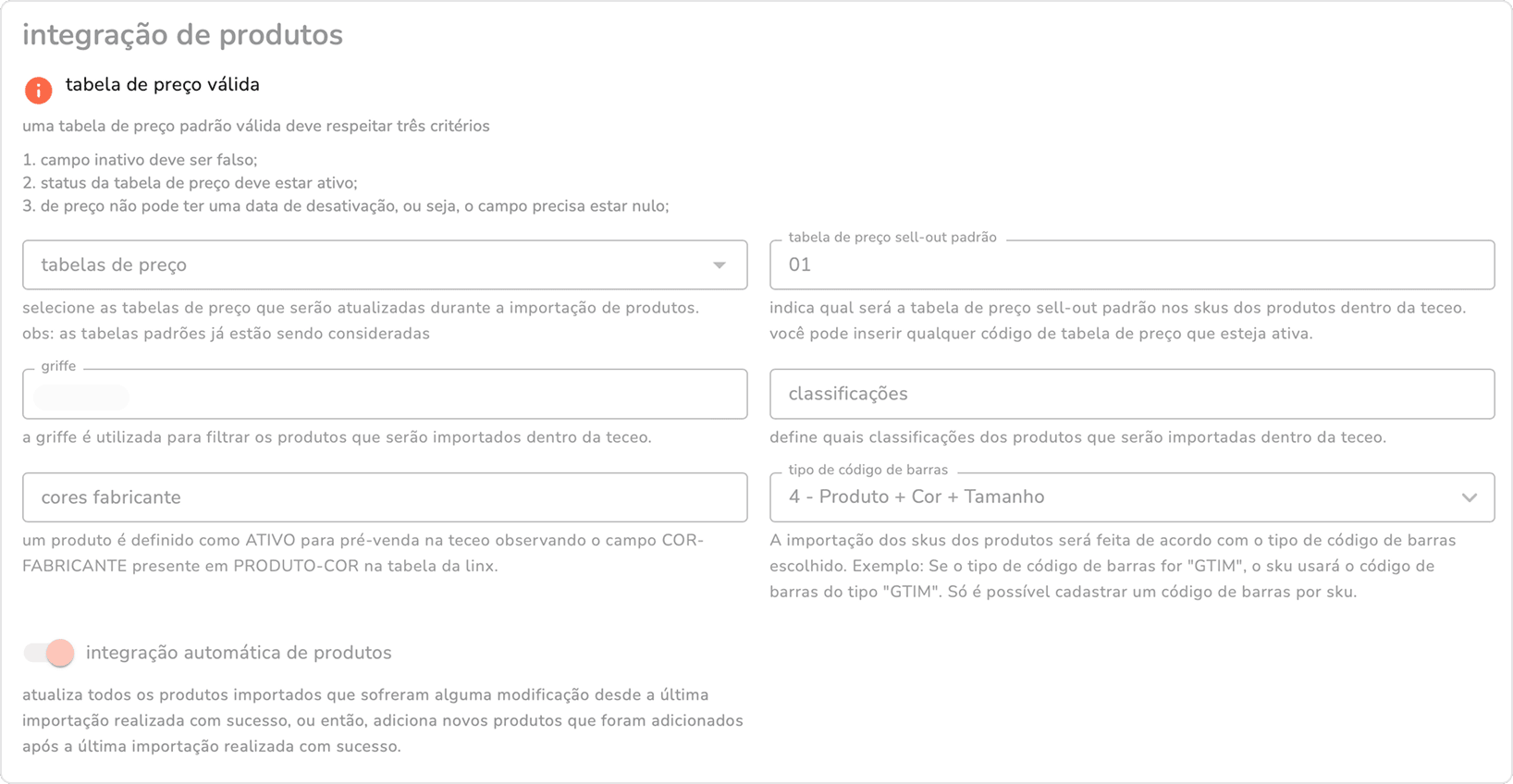 seção integração de produtos do integrador com os campos tabelas de preço, griffe, classificações, cores fabricante e tipo de código de barras, e a flag de integração automática