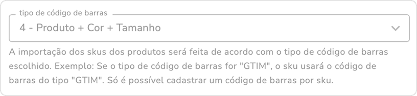 campo tipo de código de barras configurado como produto + cor + tamanho