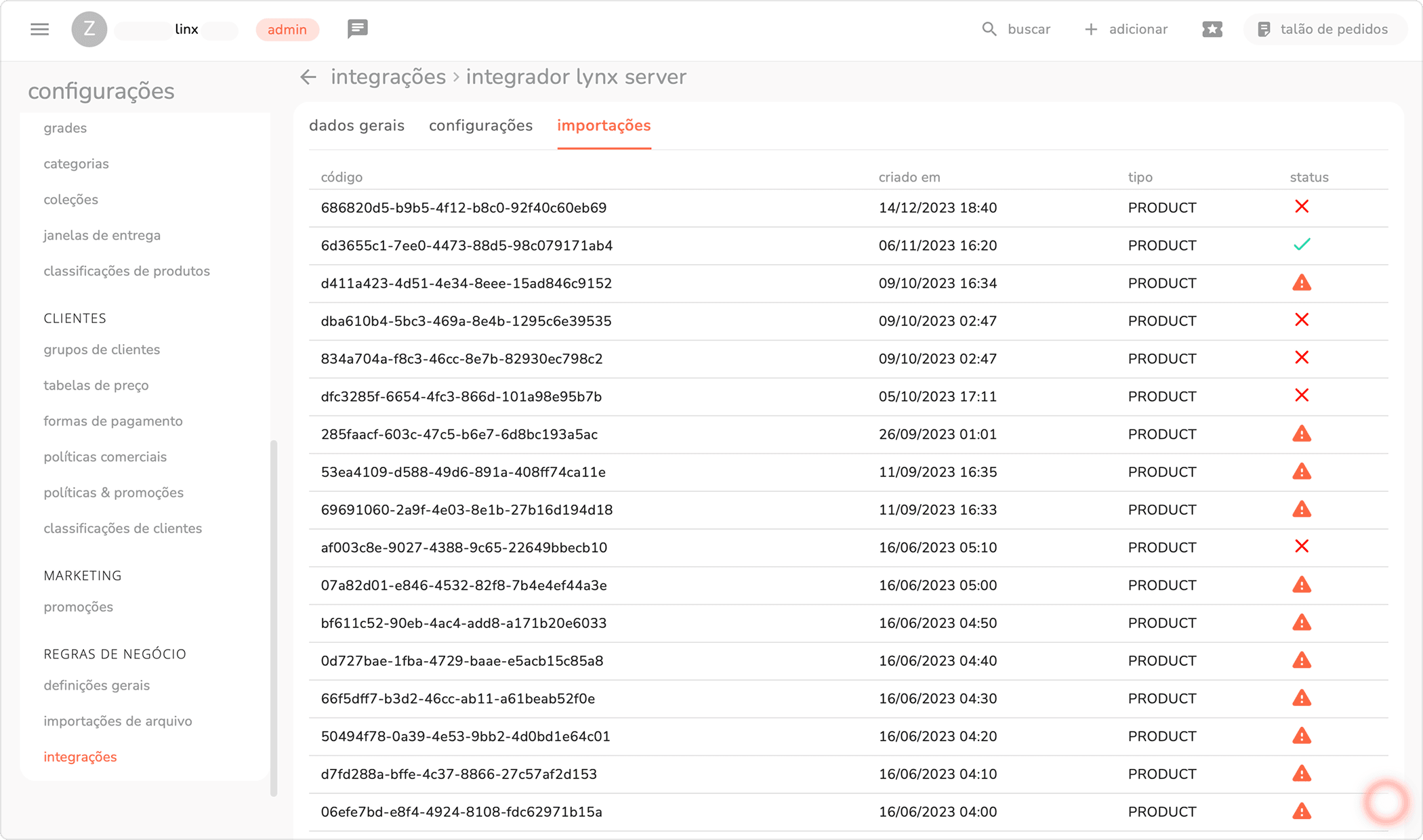 aba importações do integrador lynx server com a lista de histórico de importações de produtos e seus status