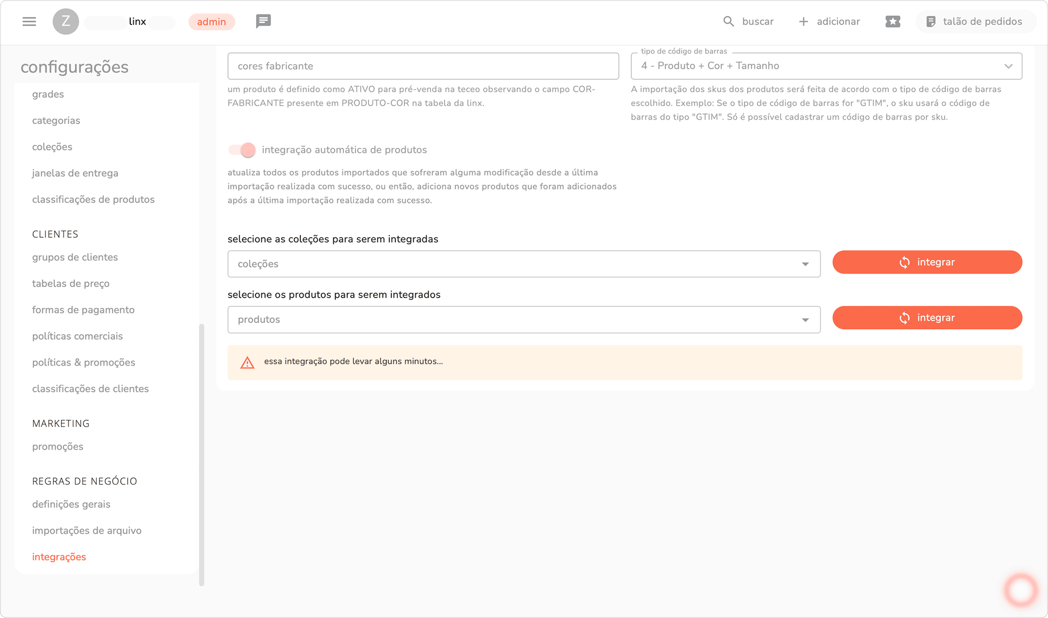 seção de sincronização manual com os campos de seleção de coleções e produtos e os botões integrar destacados