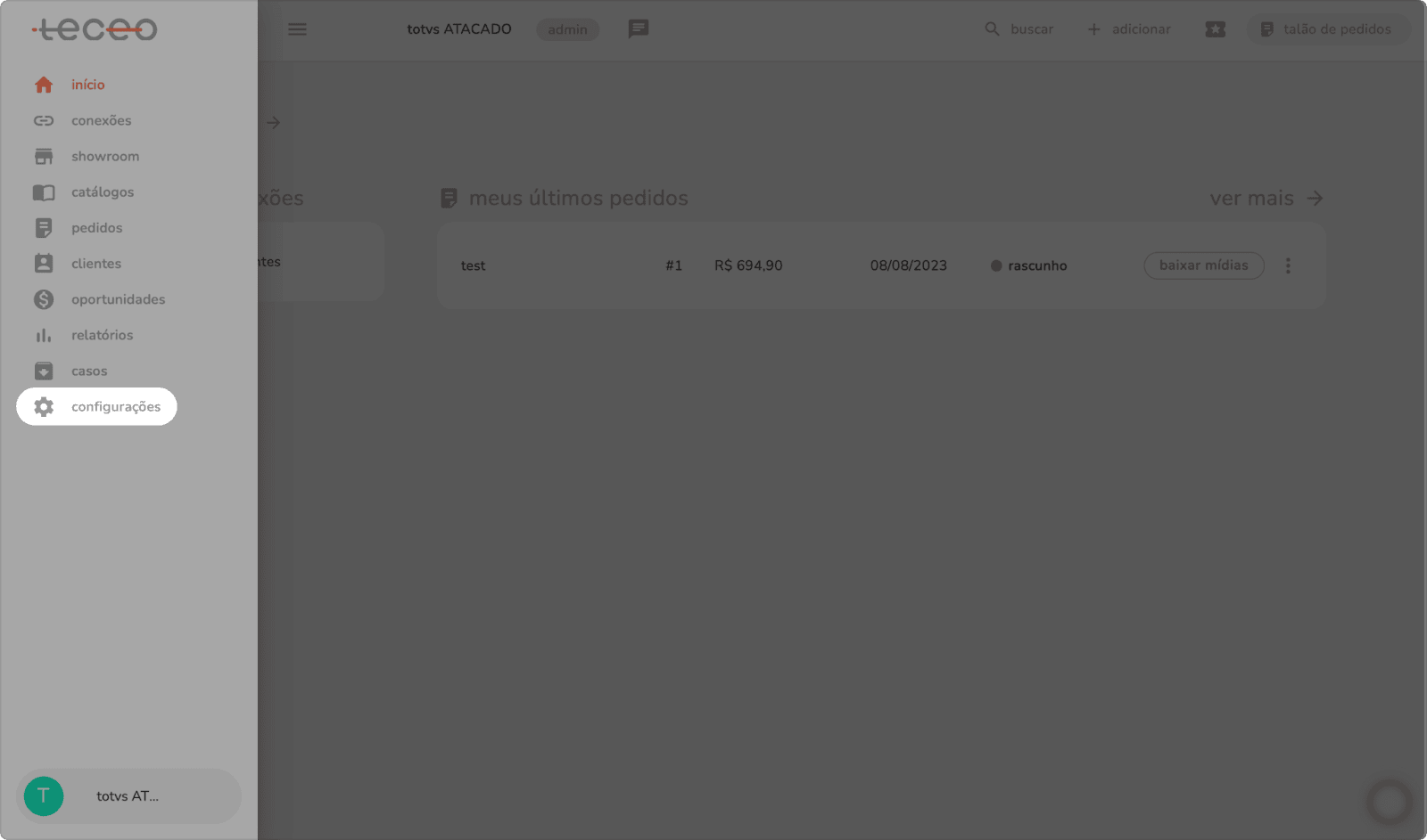 menu lateral da teceo com a opção configurações destacada