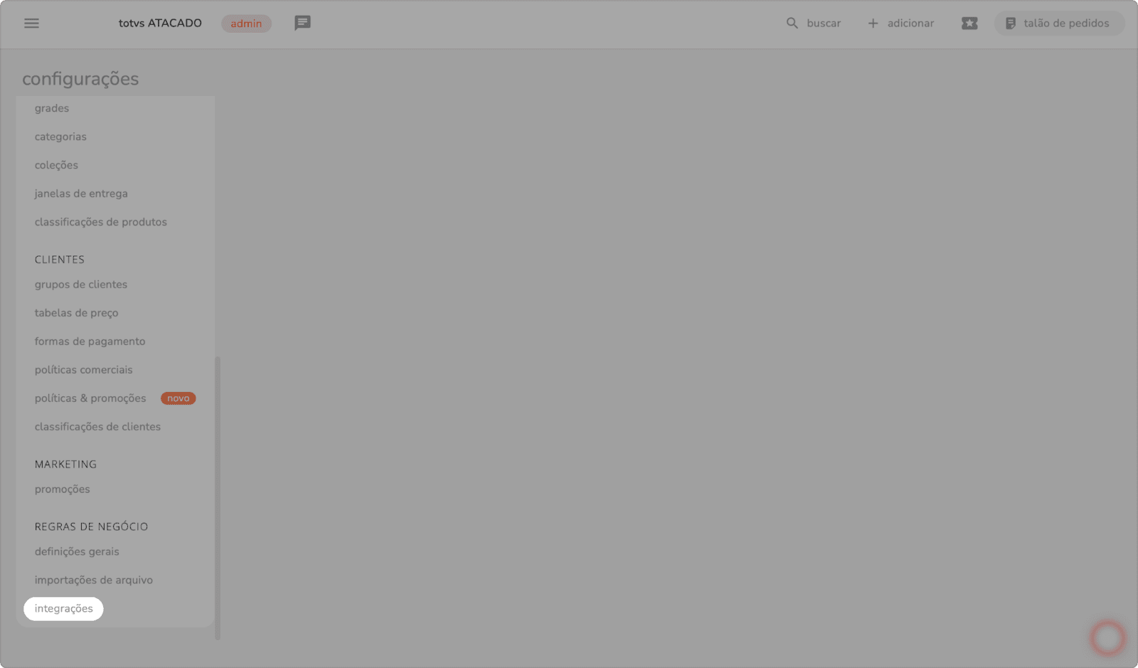 menu de configurações com a seção regras de negócio e a opção integrações destacada