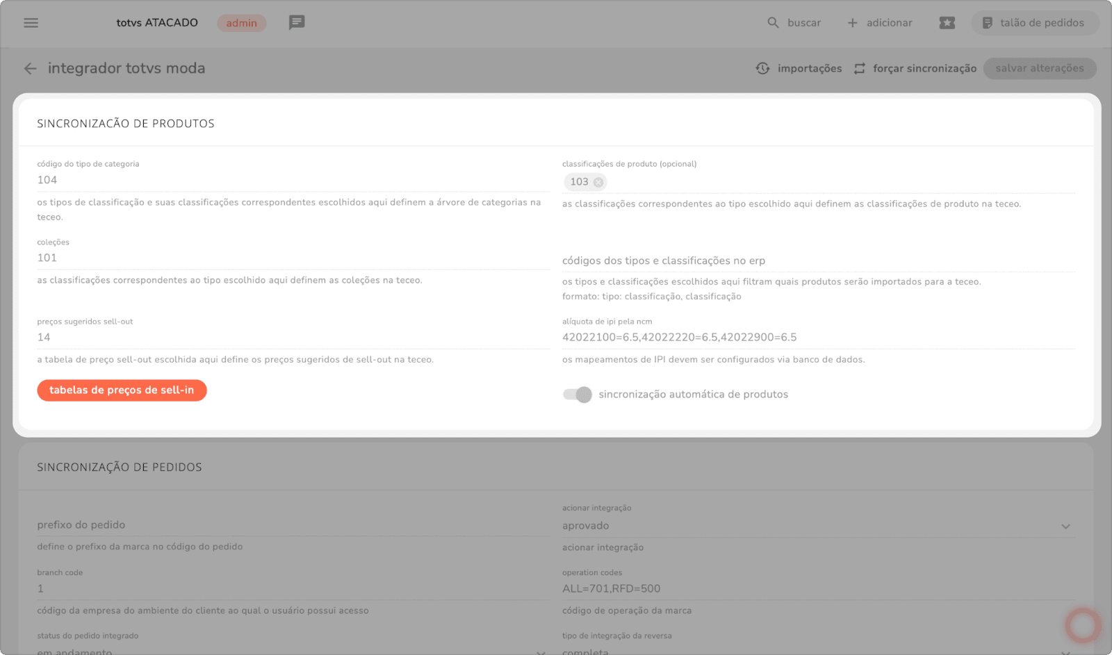 seção sincronização de produtos do integrador TOTVS Moda com os campos de categoria, coleções e sincronização automática