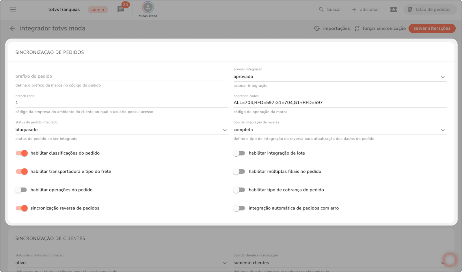 seção sincronização de pedidos do integrador TOTVS Moda com os campos de prefixo, branch code, status e opções de habilitação