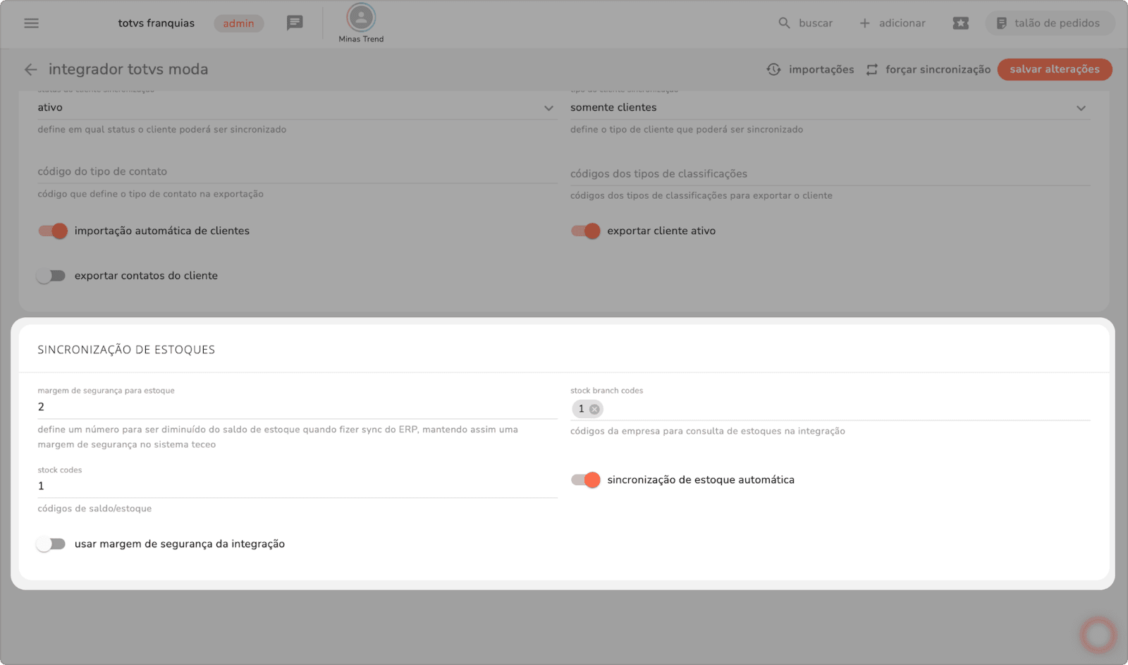 seção sincronização de estoques do integrador TOTVS Moda com os campos de margem de segurança, stock codes e sincronização automática