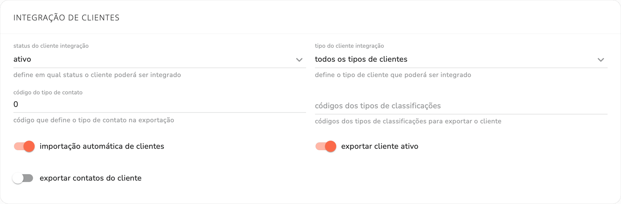 seção integração de clientes do integrador TOTVS Moda com todos os campos e flags de importação e exportação