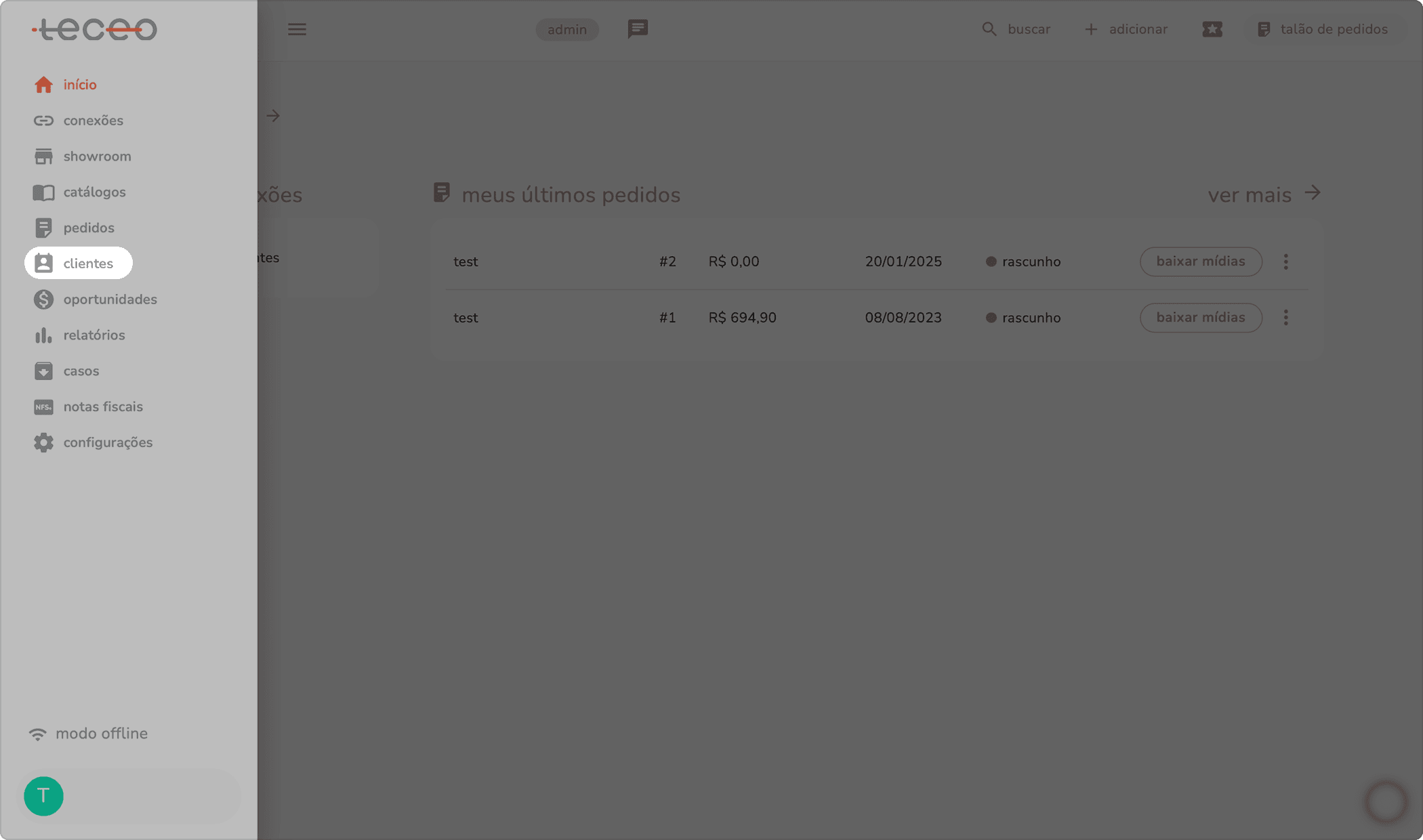 menu lateral da teceo com a opção clientes destacada