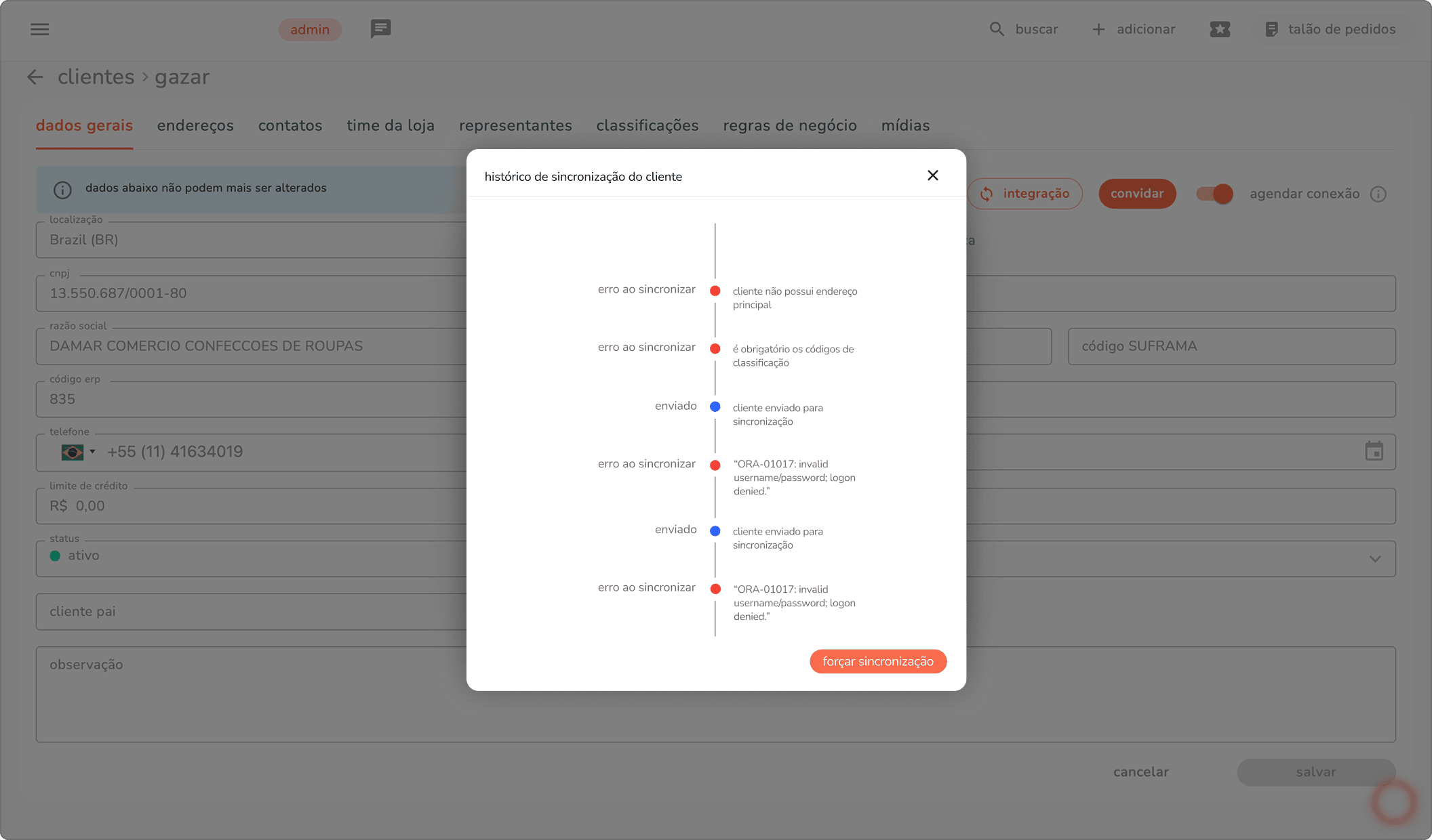 modal de histórico de sincronização do cliente com mensagens de erro ao sincronizar em vermelho