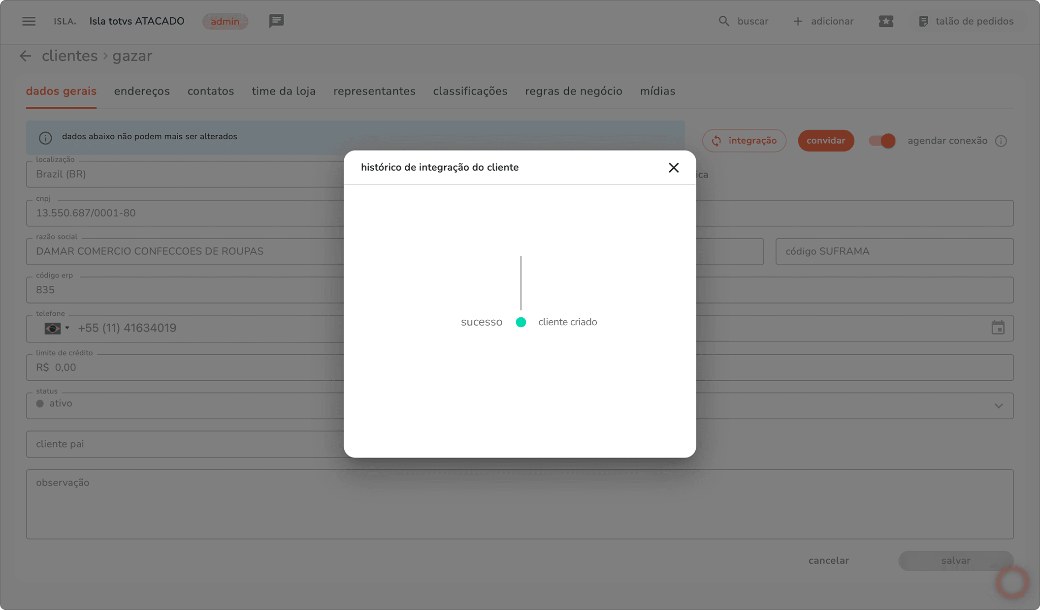 modal de histórico de integração do cliente com o status sucesso em verde indicando cliente criado