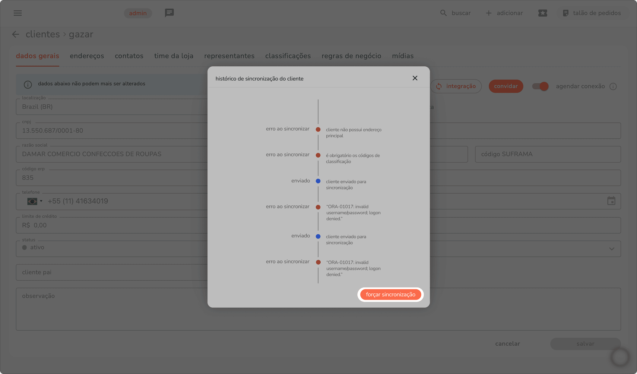 modal de histórico de sincronização do cliente com o botão forçar sincronização destacado