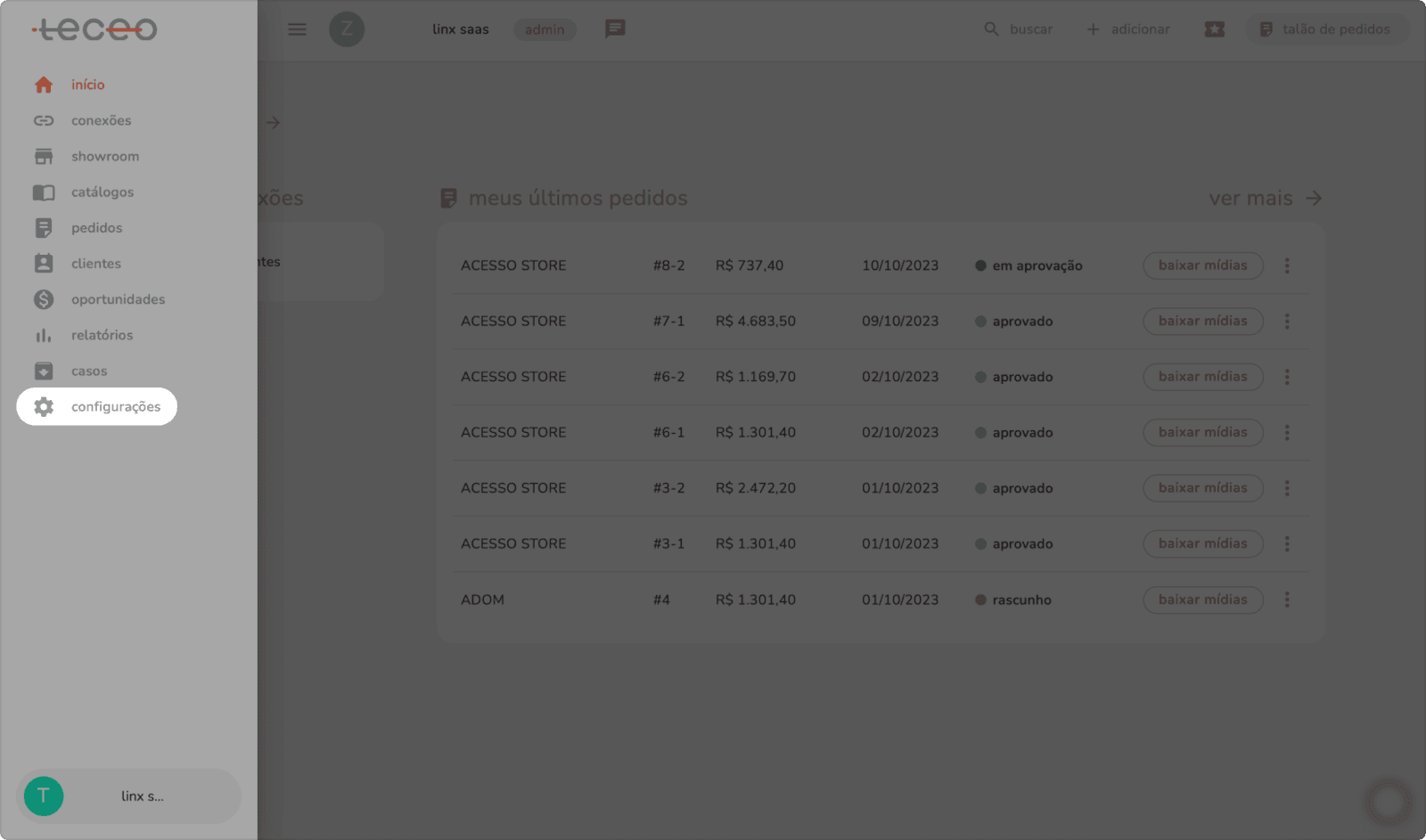 menu lateral da teceo com a opção configurações destacada