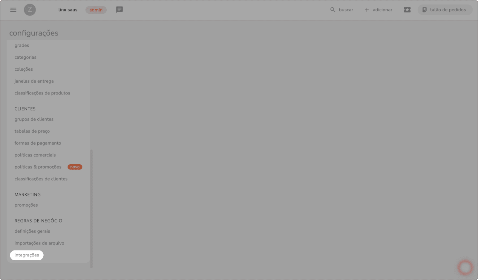 menu de configurações com a seção regras de negócio e a opção integrações destacada