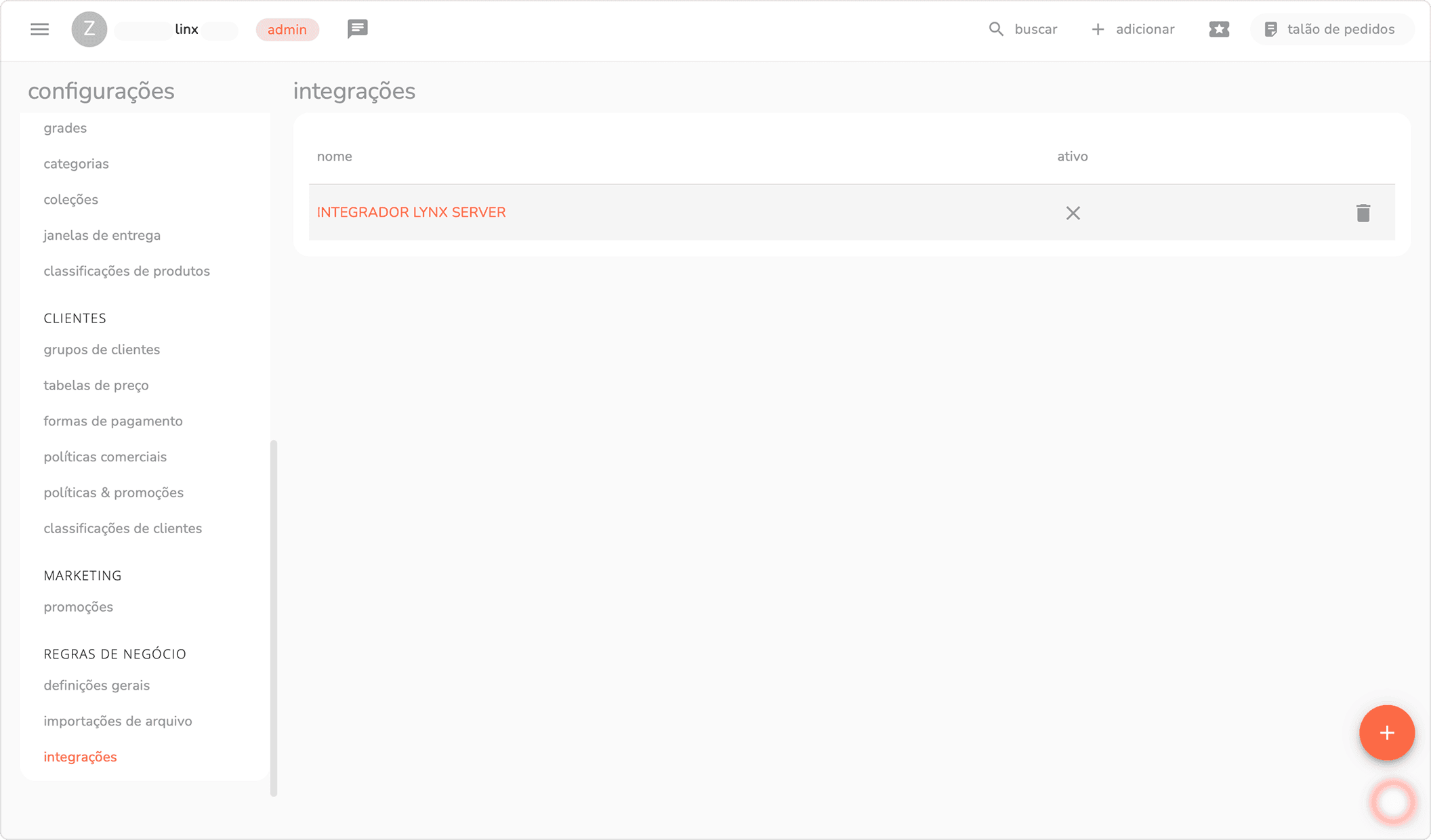tela de integrações com a opção integrador lynx server listada
