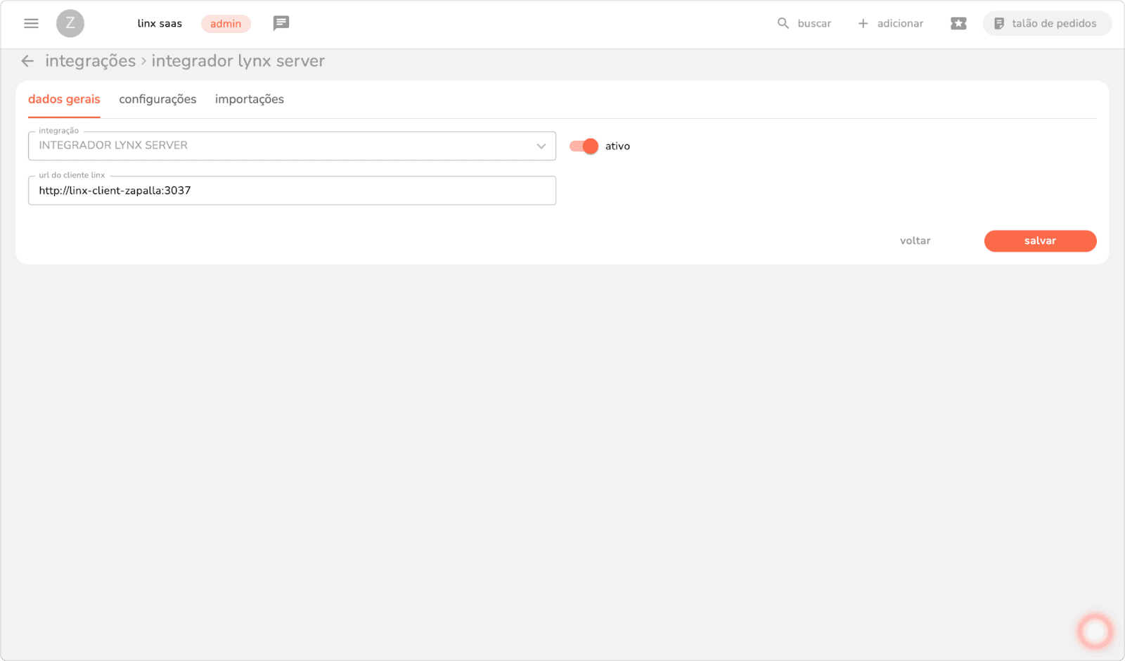aba dados gerais do integrador lynx server com o campo url do cliente linx preenchido