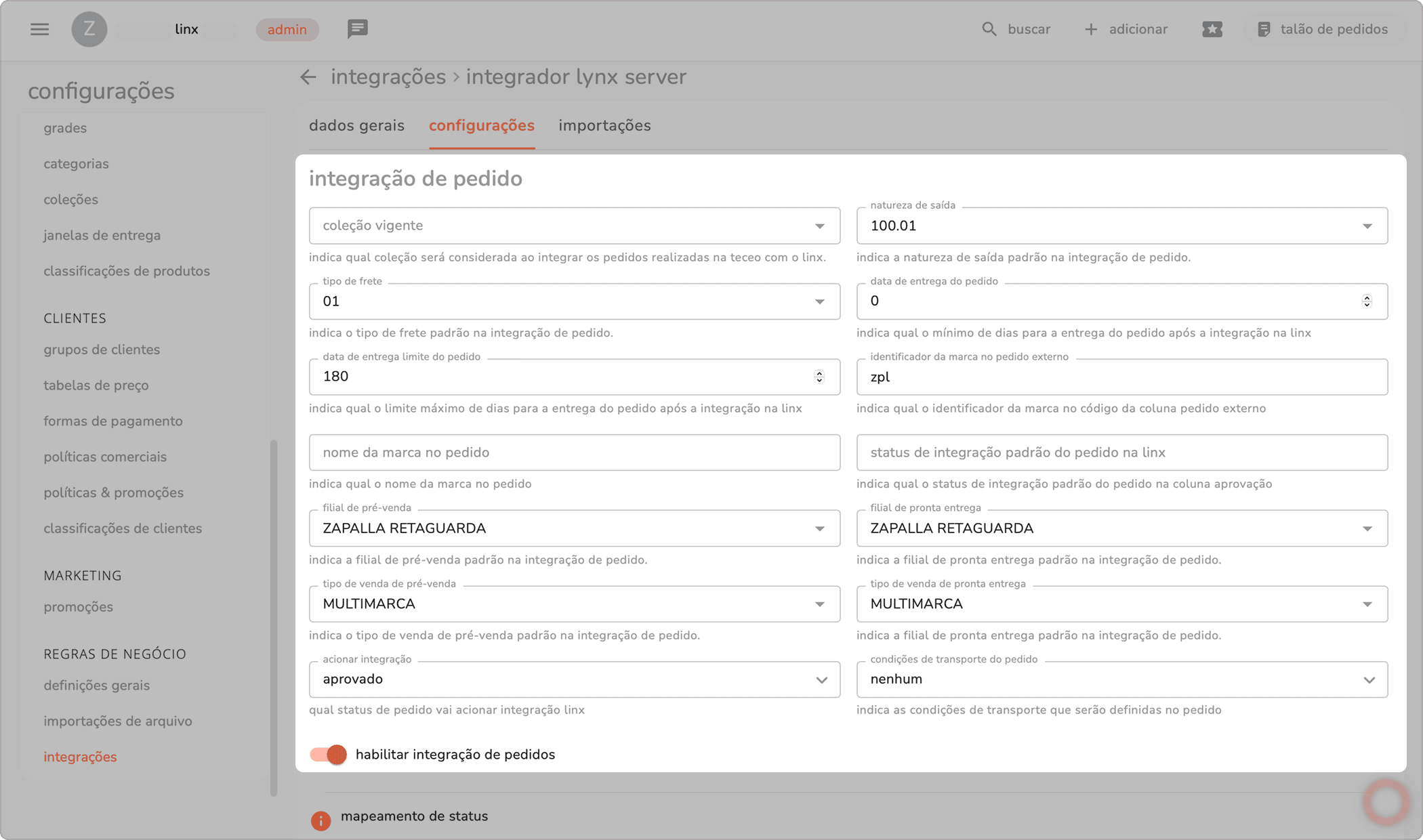 aba configurações do integrador com os campos da seção integração de pedido