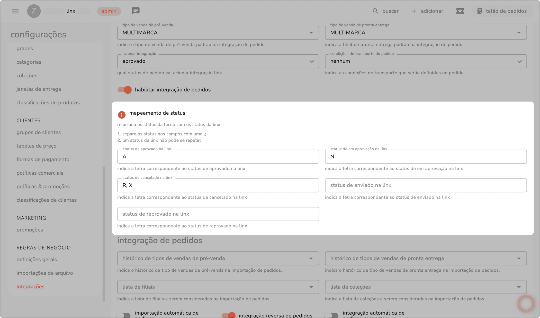 seção mapeamento de status do integrador com os campos de status da linx preenchidos
