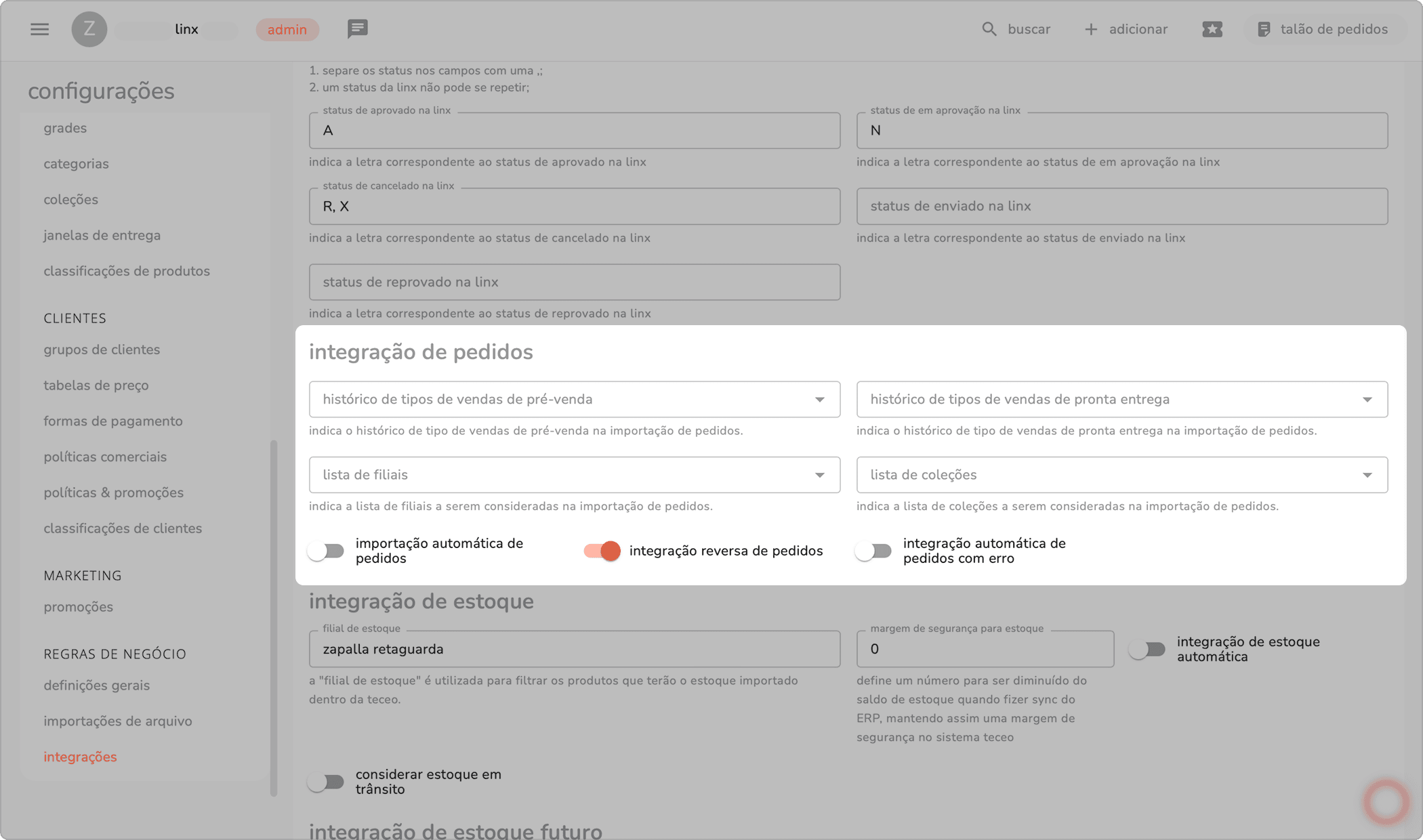 seção integração de pedidos do integrador com os campos de importação de pedidos e o início da seção integração de estoque