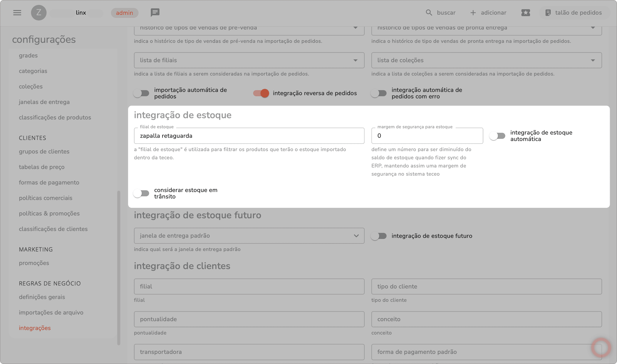 seção integração de estoque do integrador com os campos de filial de estoque e margem de segurança