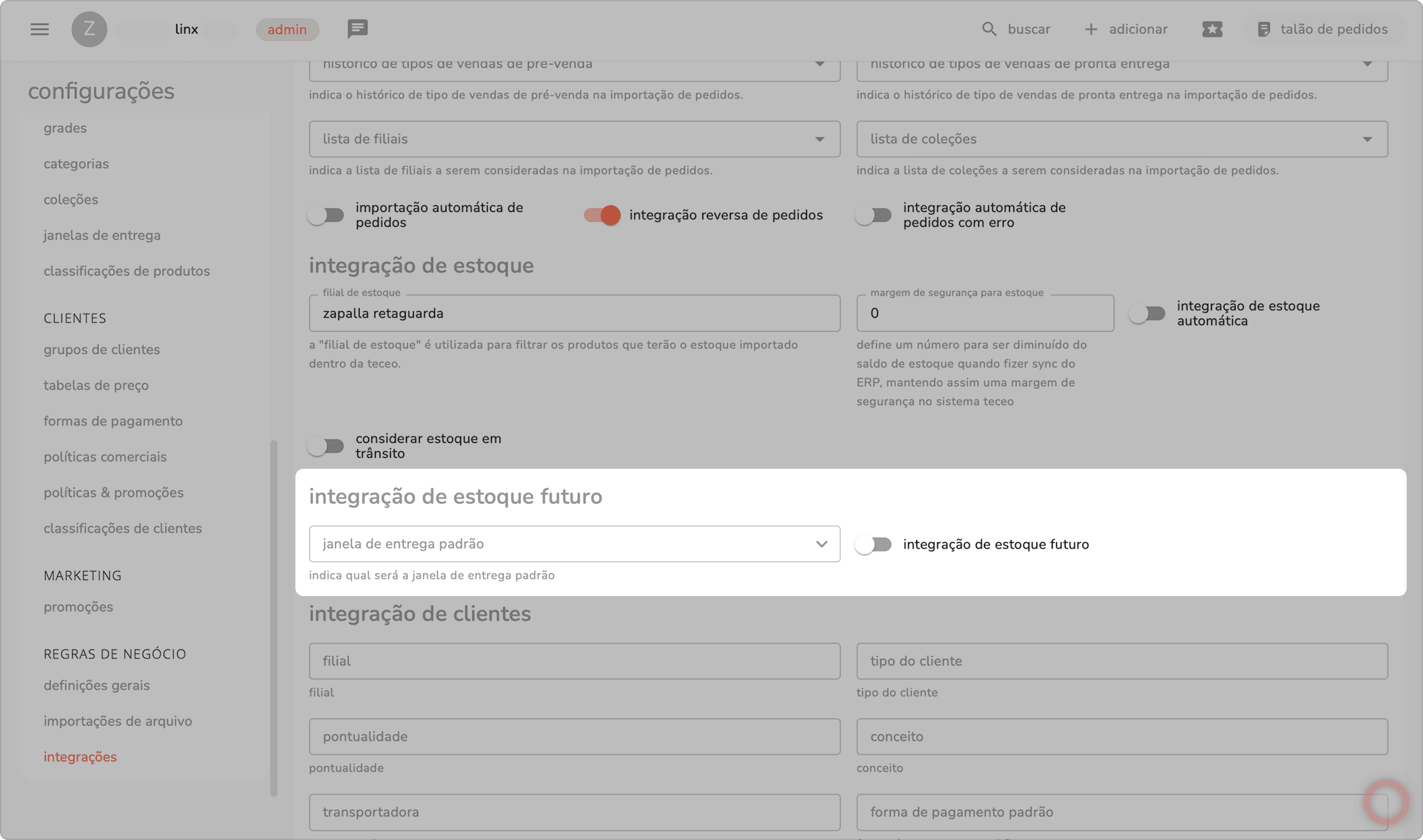 seção integração de estoque futuro do integrador com o campo janela de entrega padrão
