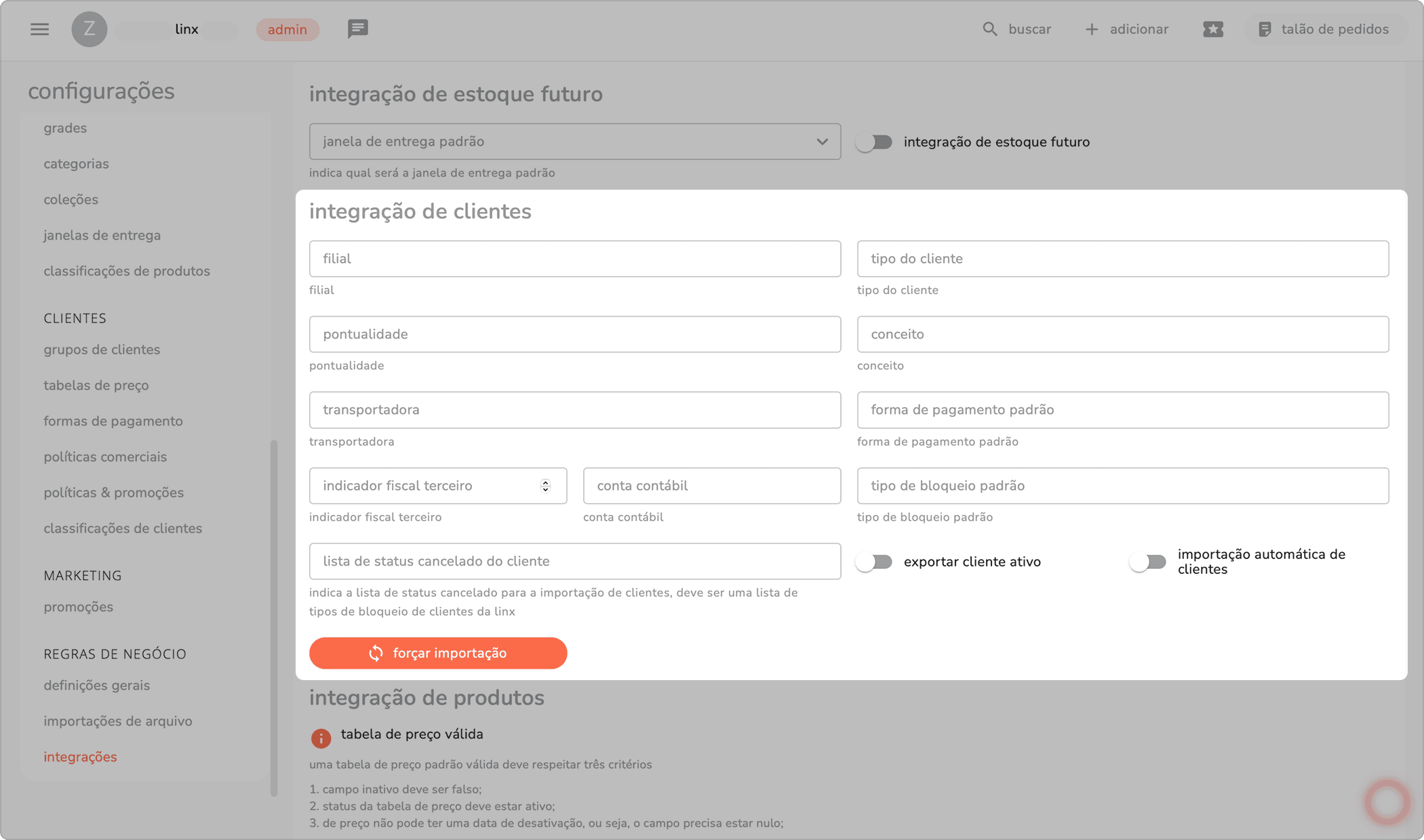 seção integração de clientes do integrador com os campos de mapeamento de dados do cliente