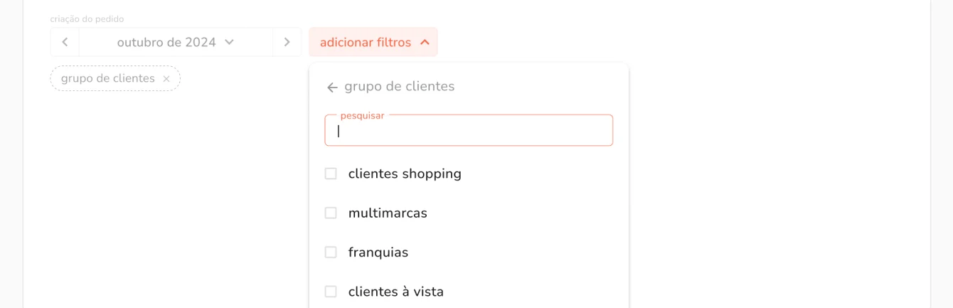 filtro de grupo de clientes na lista de pedidos