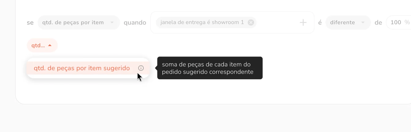 novo critério dinâmico de peças por item sugerido