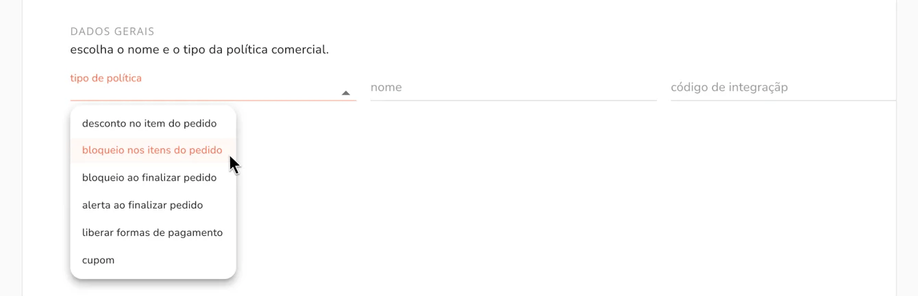 nova política de bloqueio nos itens do pedido