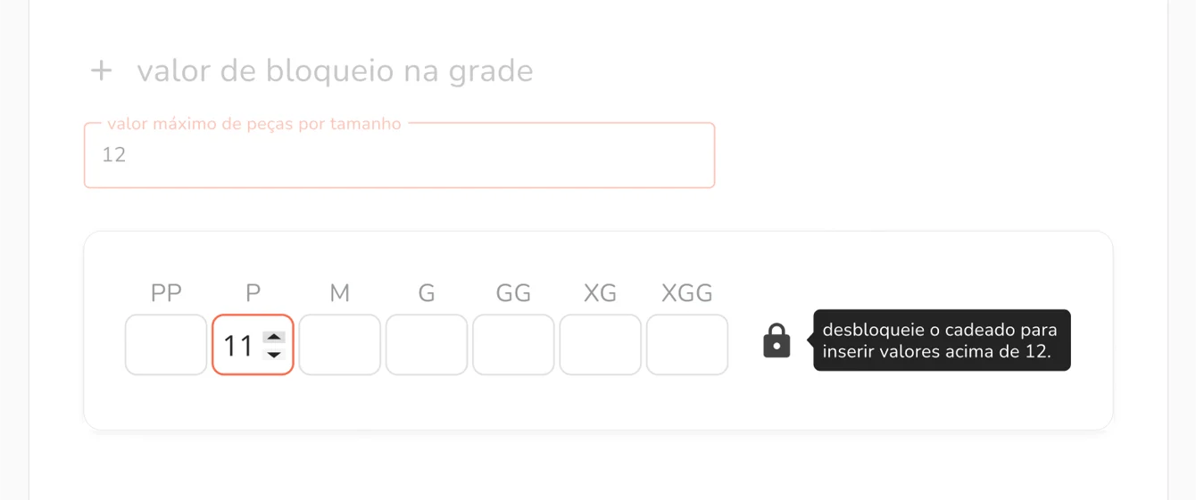 configuração do limite de peças por tamanho na grade