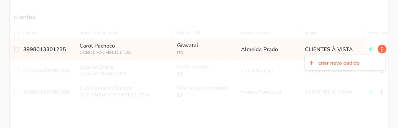 criar pedidos a partir da listagem de clientes