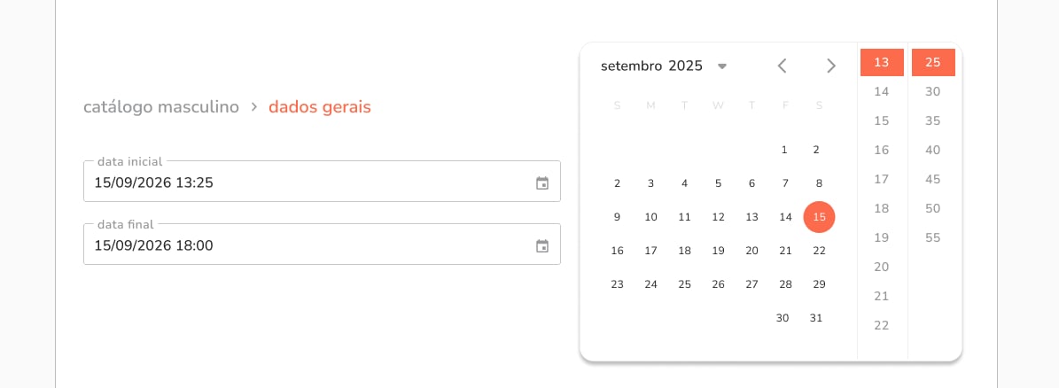 horário de início e fim do catálogo