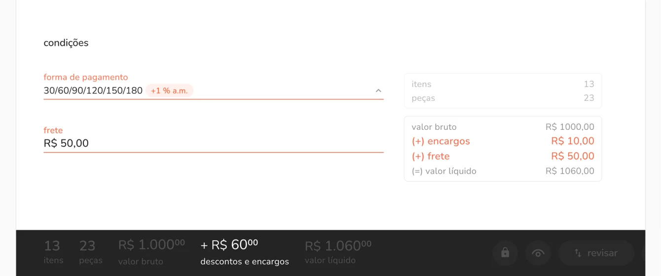 valores adicionais no pedido
