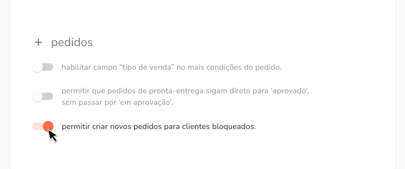 parâmetro de criação de pedidos para clientes bloqueados