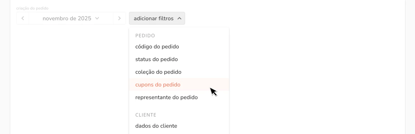 novo filtro de cupom no pedido