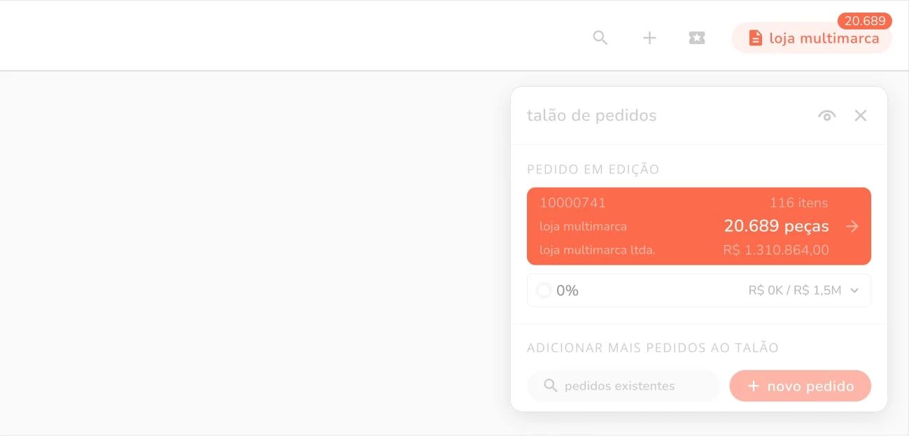 quantidade de peças no talão de pedidos