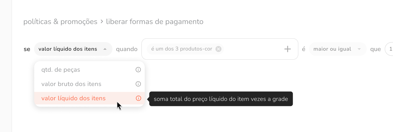 valor líquido dos itens nas políticas & promoções