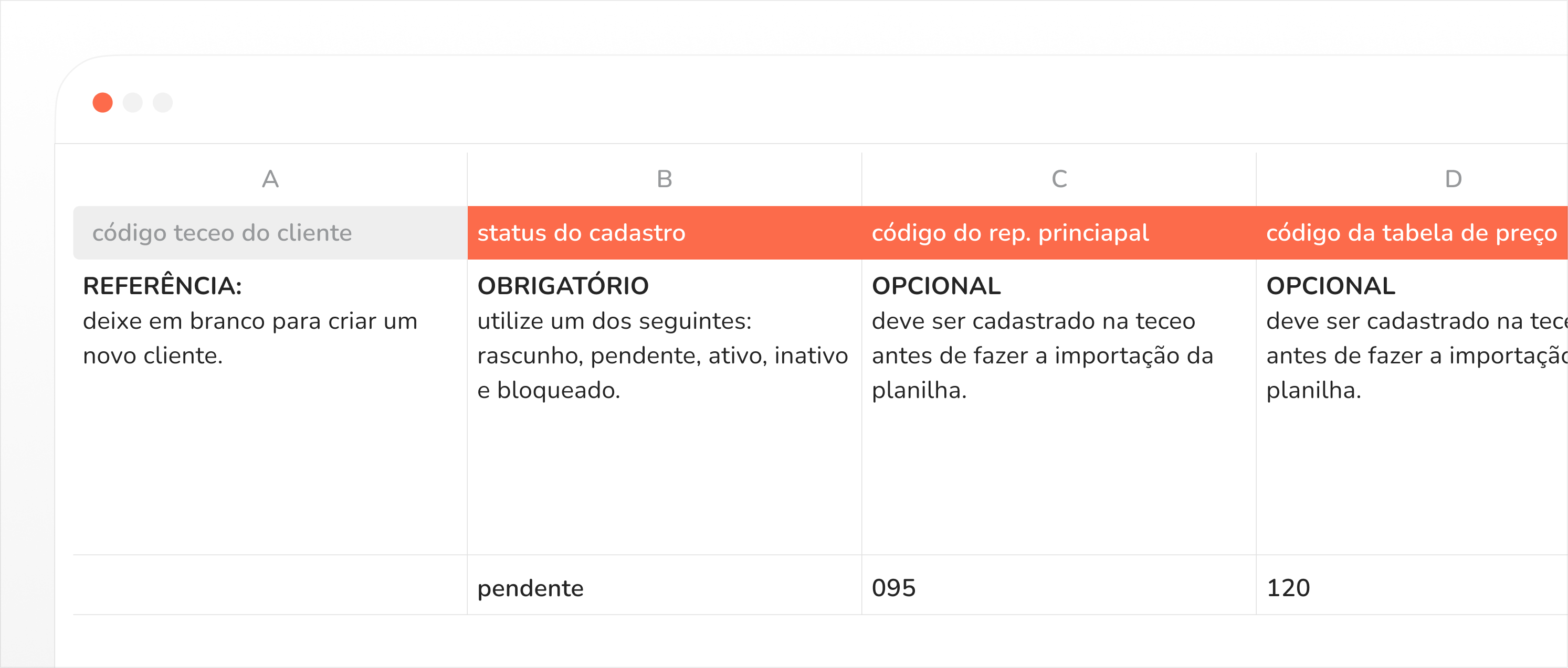 nova planilha de importação de clientes