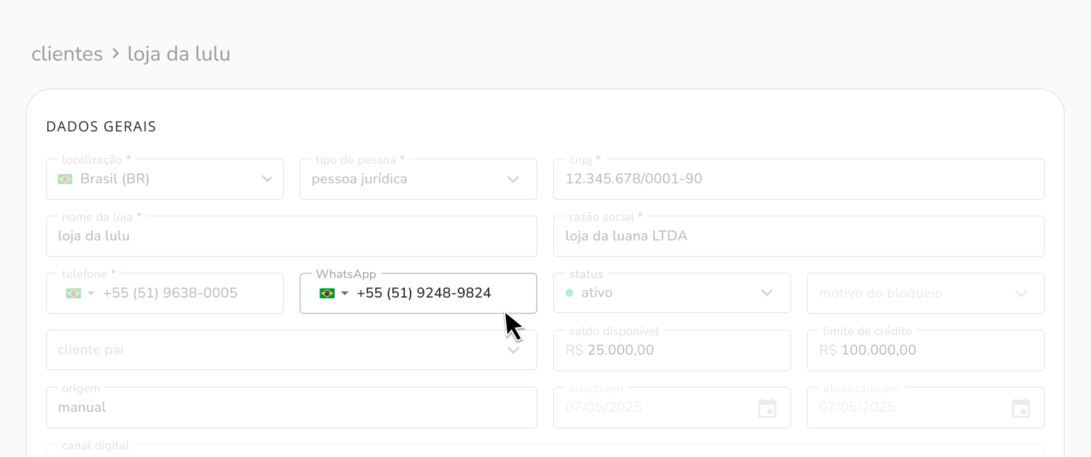 novo campo de WhatsApp no cadastro de clientes