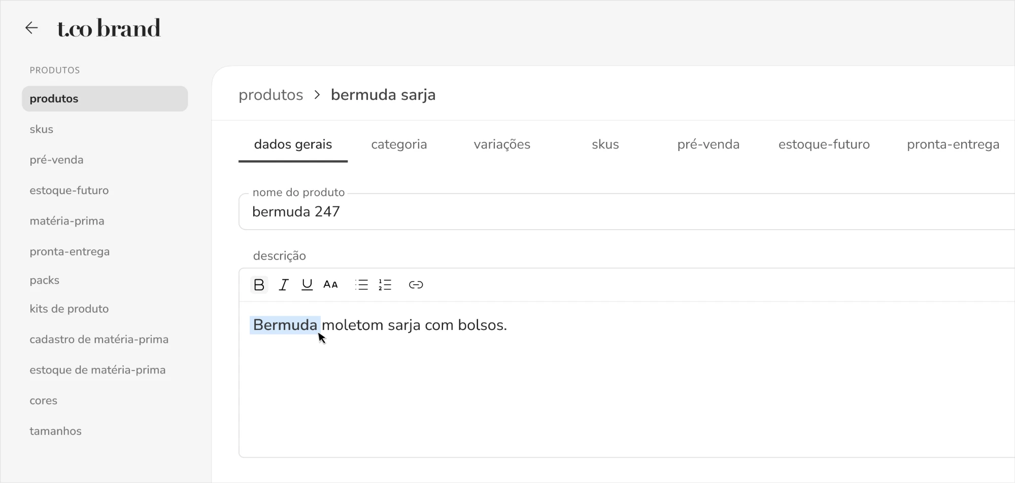 formatação de texto nos detalhes do produto