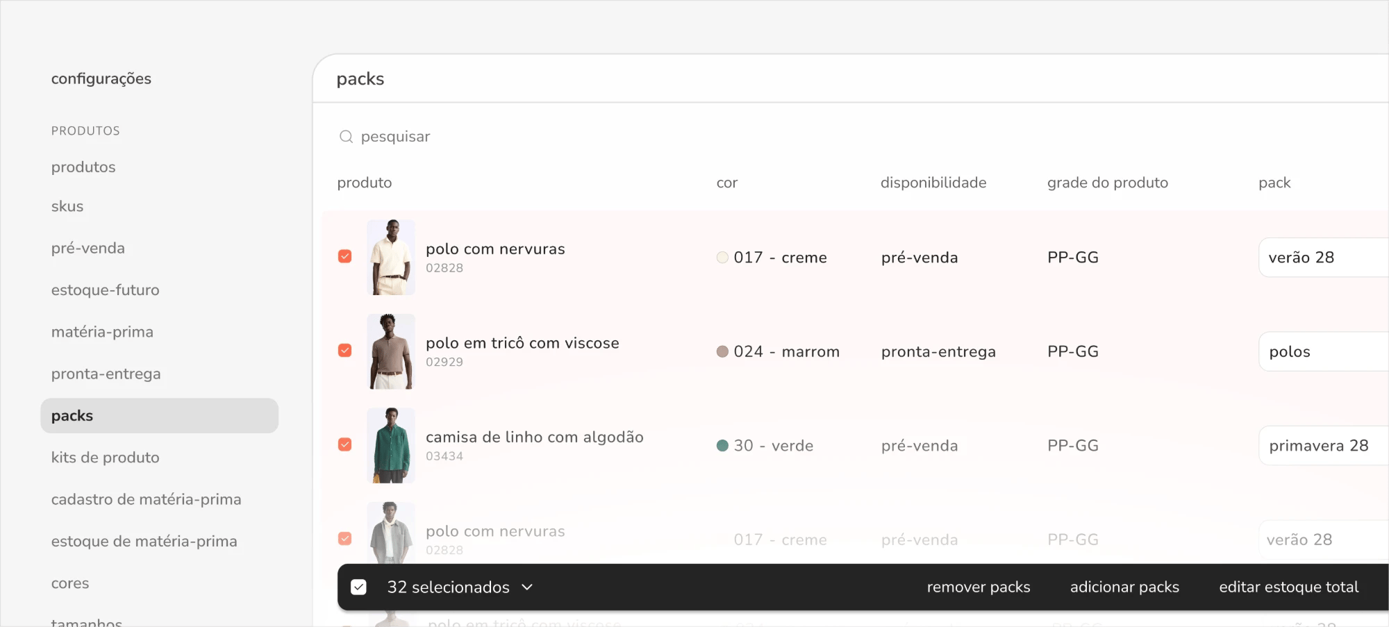 tela de packs em configurações