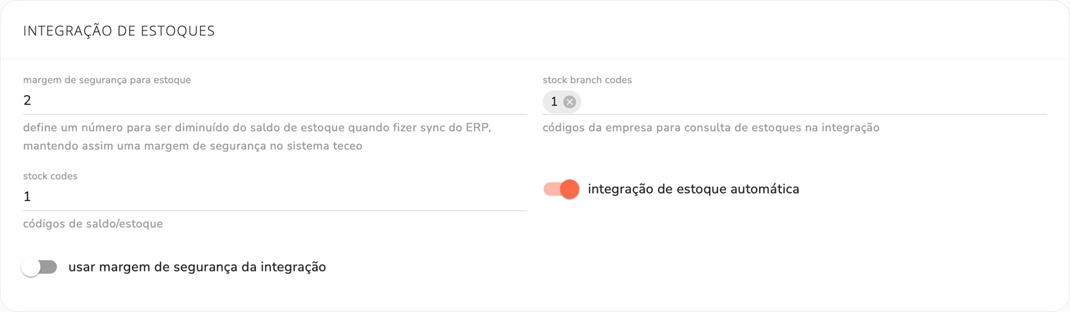 seção integração de estoques do integrador TOTVS Moda com todos os campos e flags