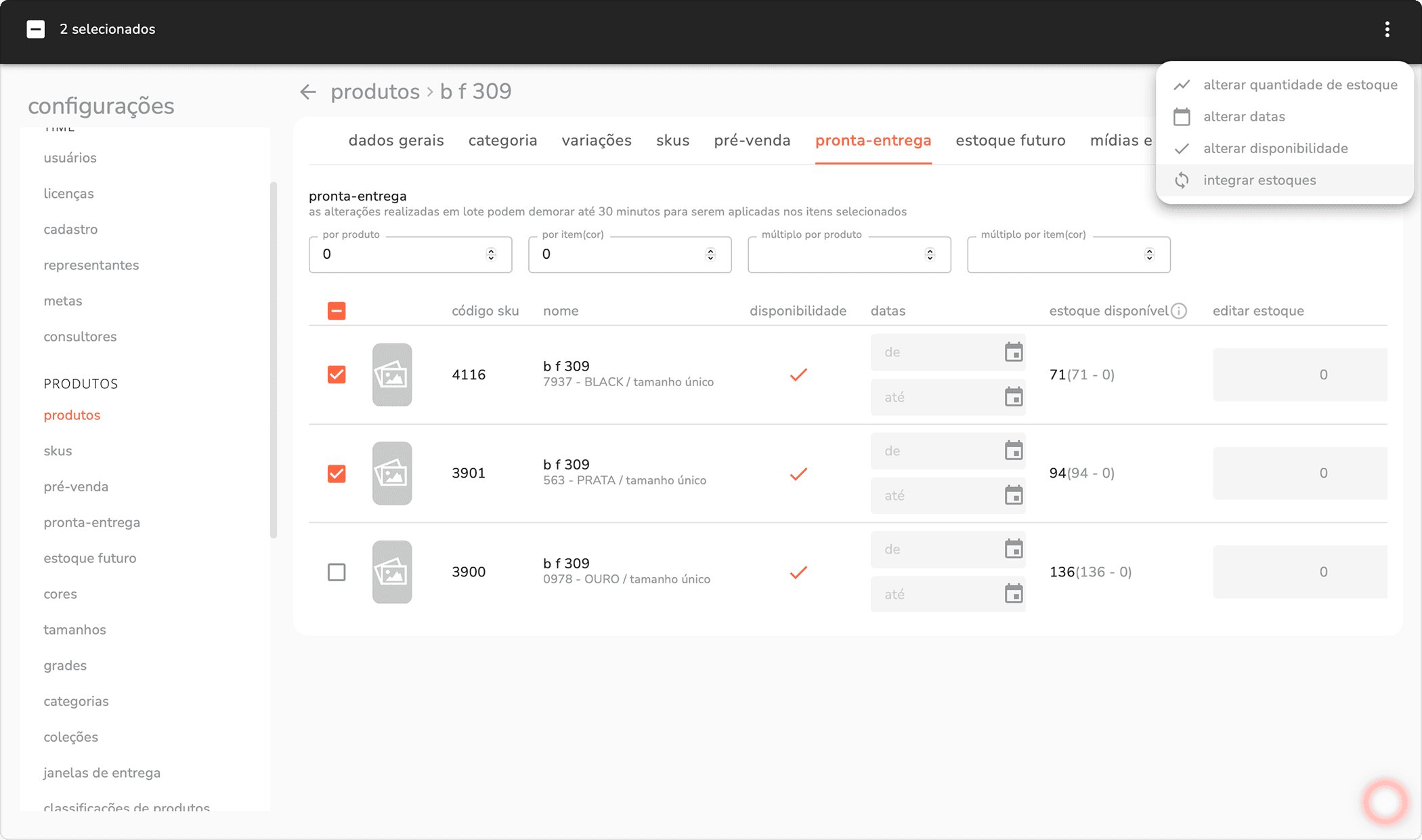menu de opções da aba pronta-entrega com a opção integrar estoques destacada