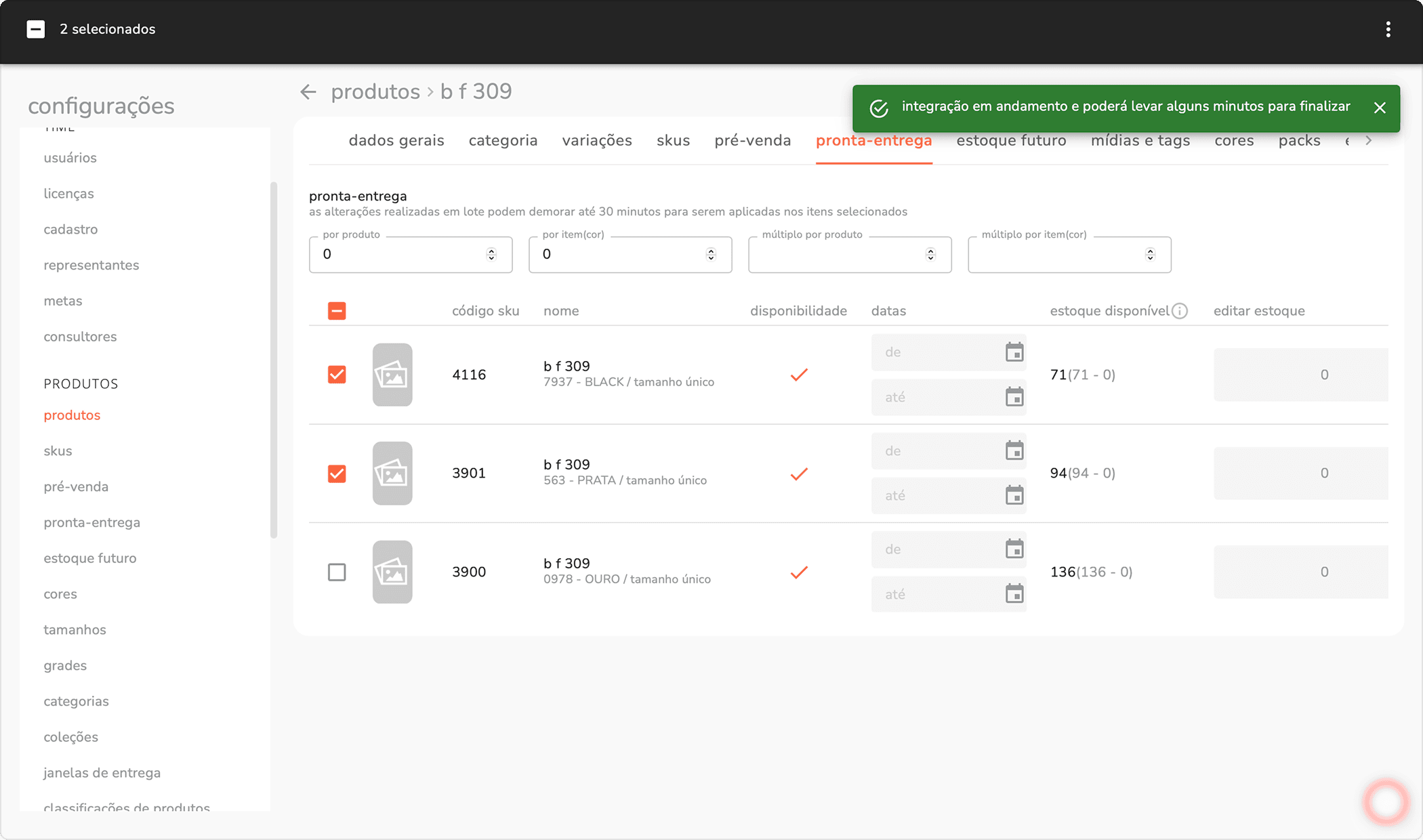 aba pronta-entrega com a notificação de integração em andamento