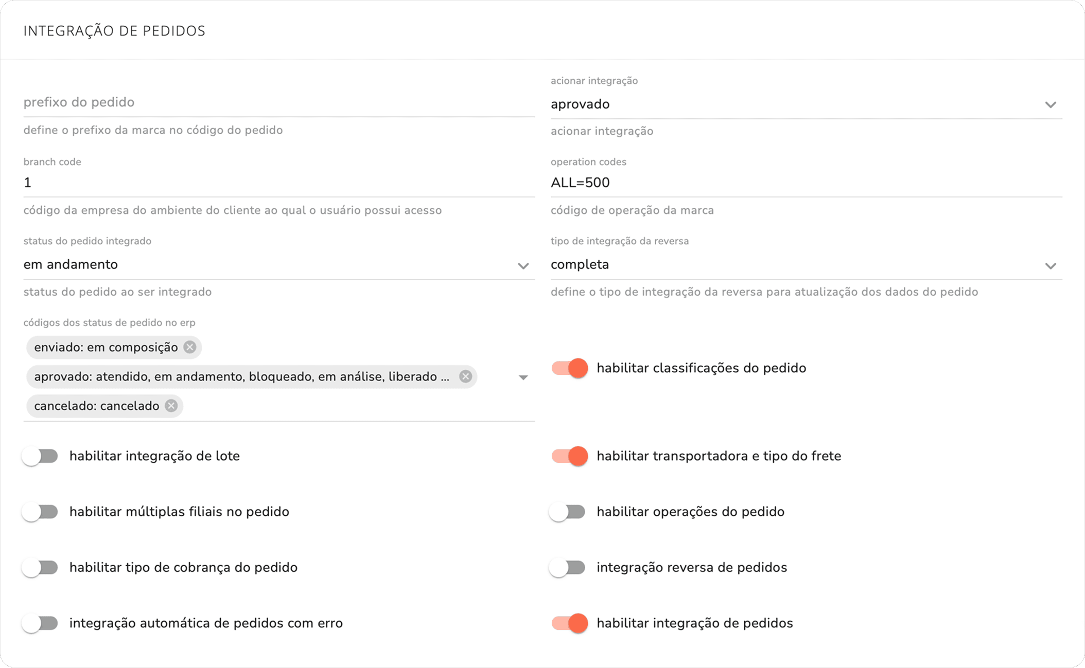 seção integração de pedidos do integrador TOTVS Moda com todos os campos e flags de configuração