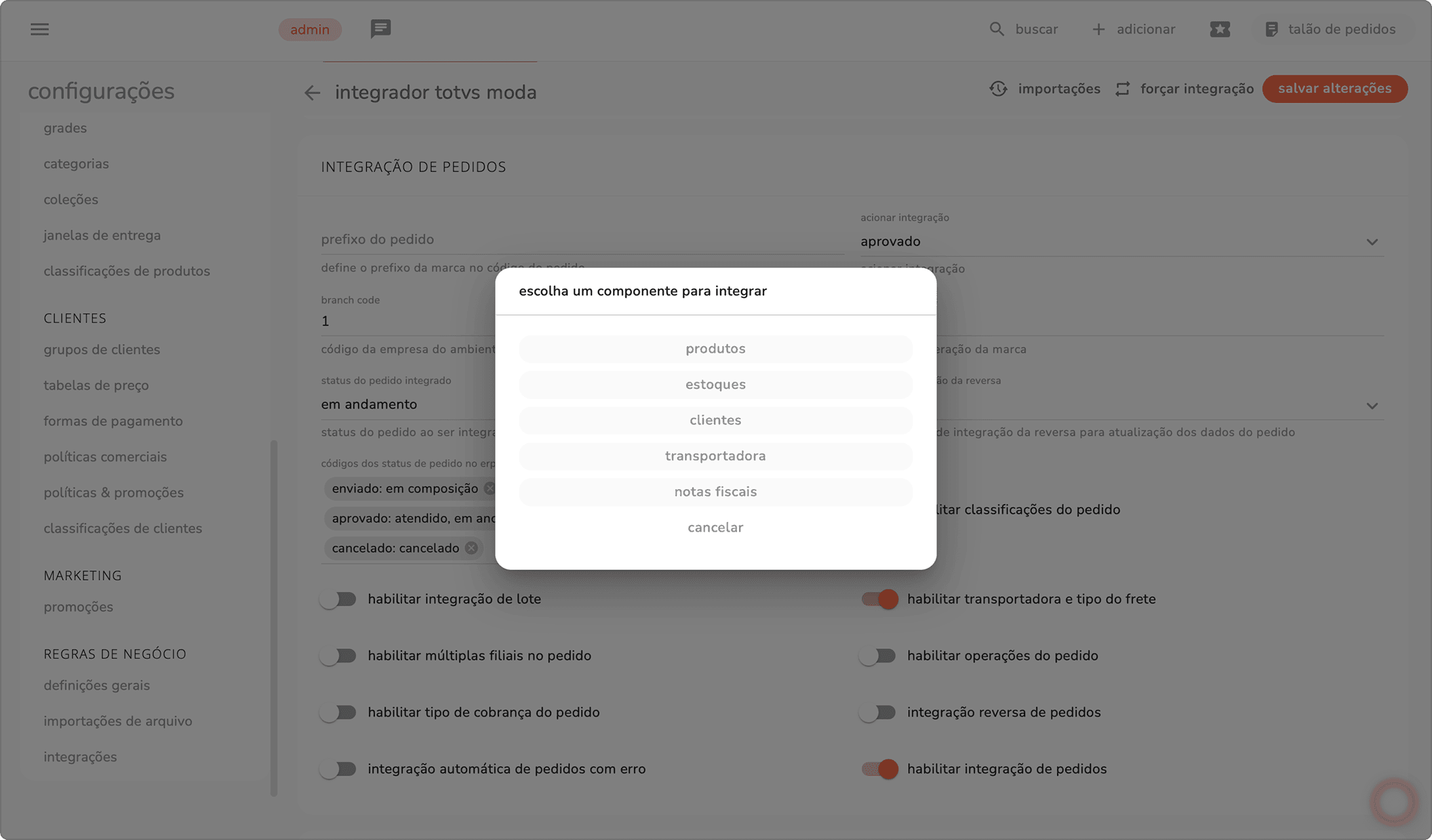 modal escolha um componente para integrar com a opção transportadora entre os componentes disponíveis