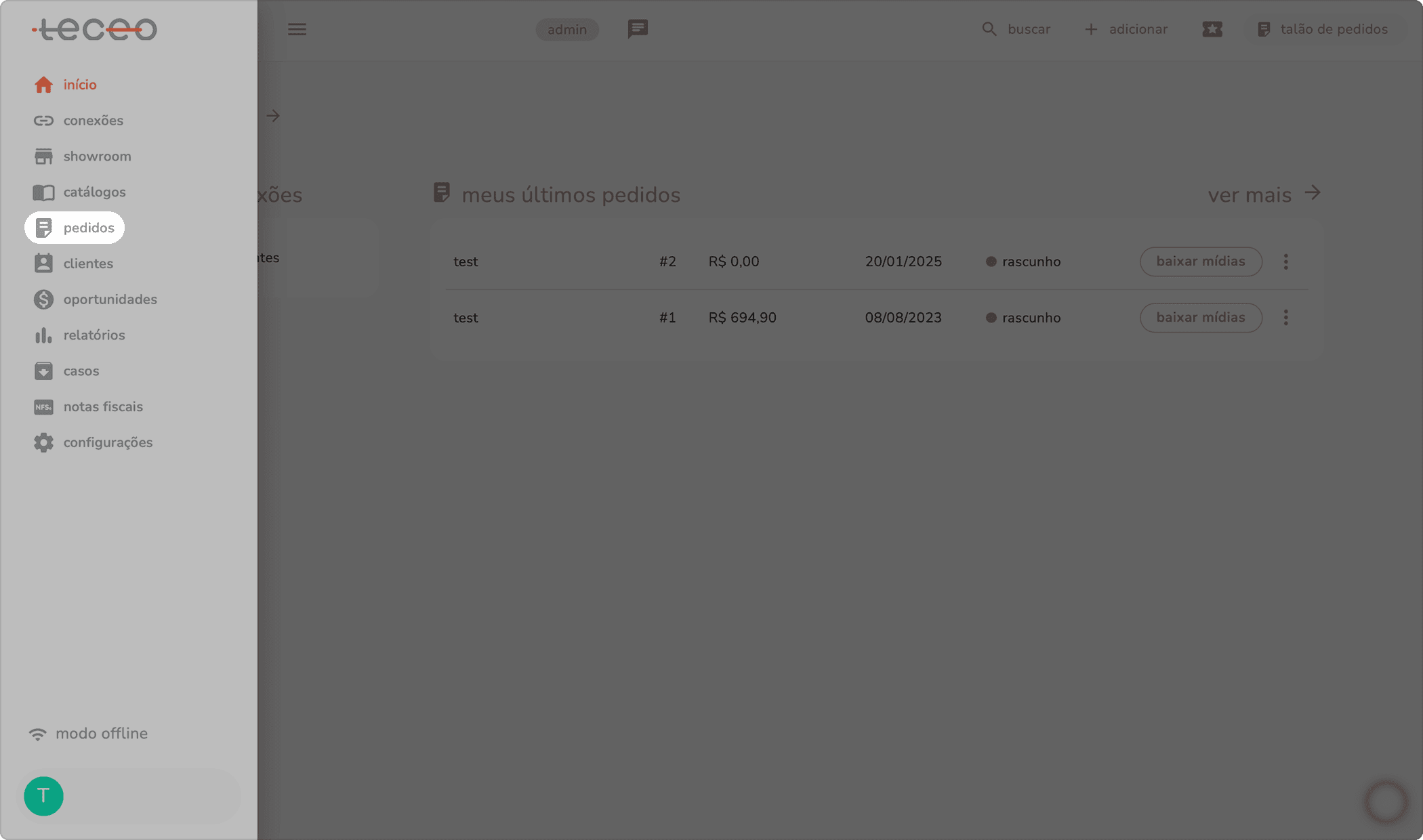 menu lateral da teceo com a opção pedidos destacada